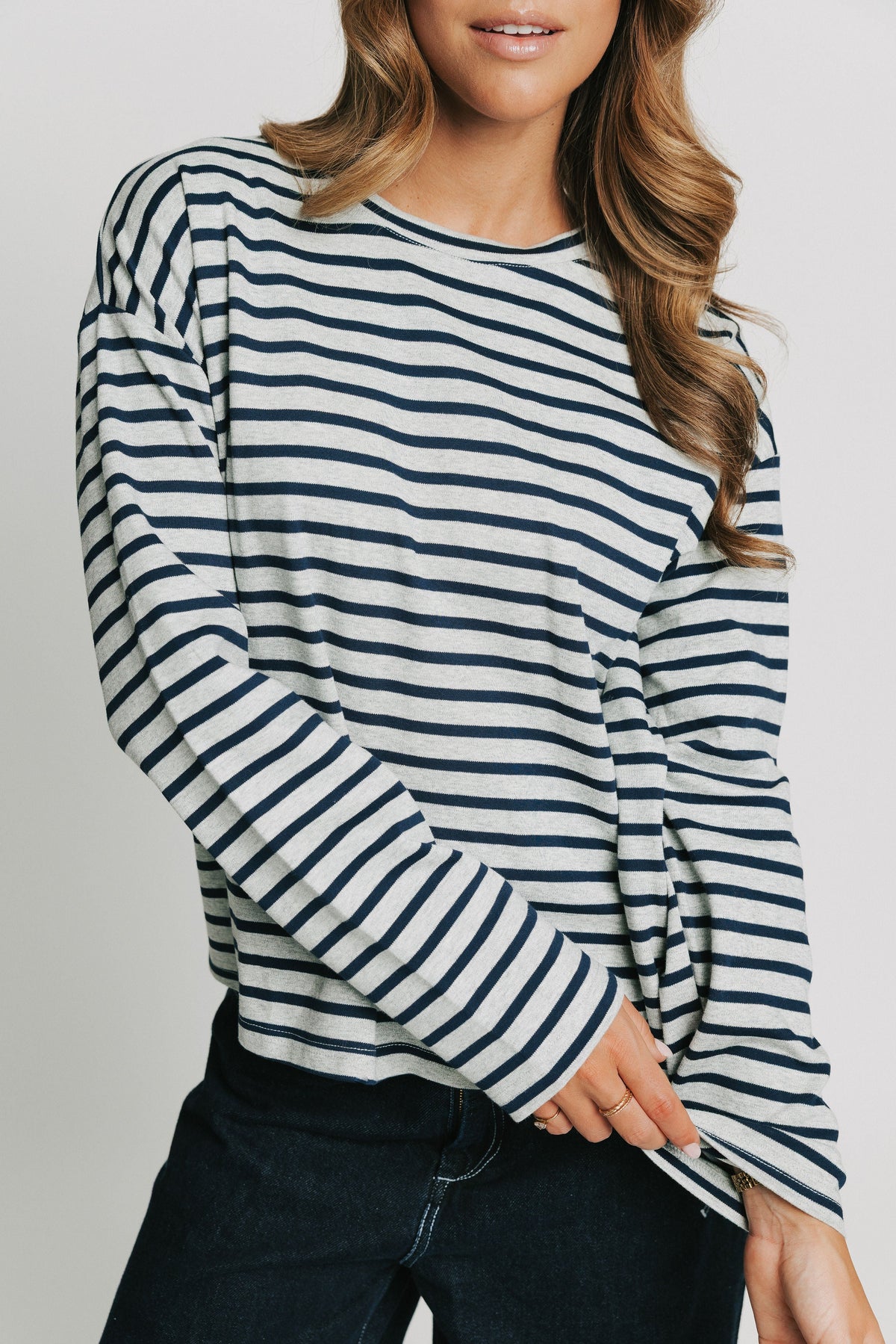 navy and grey striped crewneck long sleeve top
