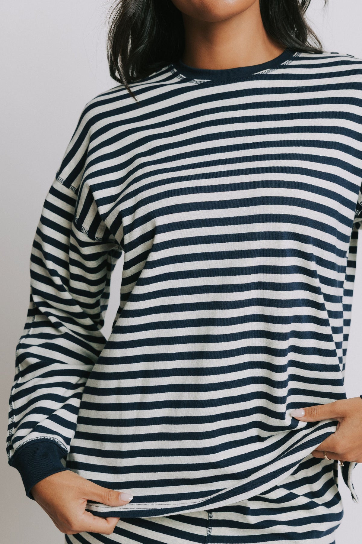 navy and grey striped lounge top front