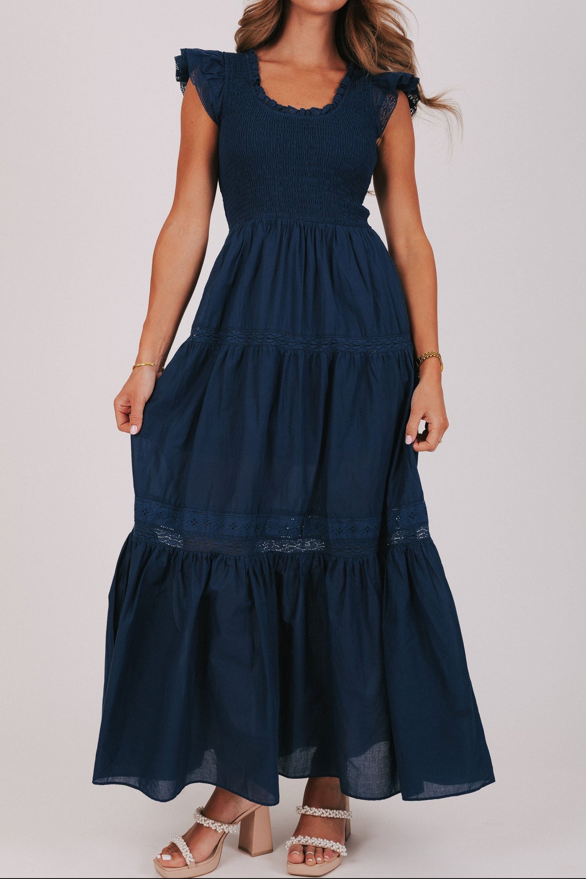 navy tiered maxi dress with flutter sleeves