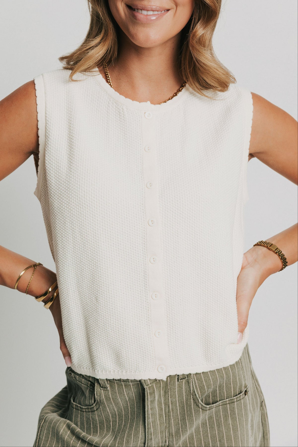 off white buttoned scalloped vest front