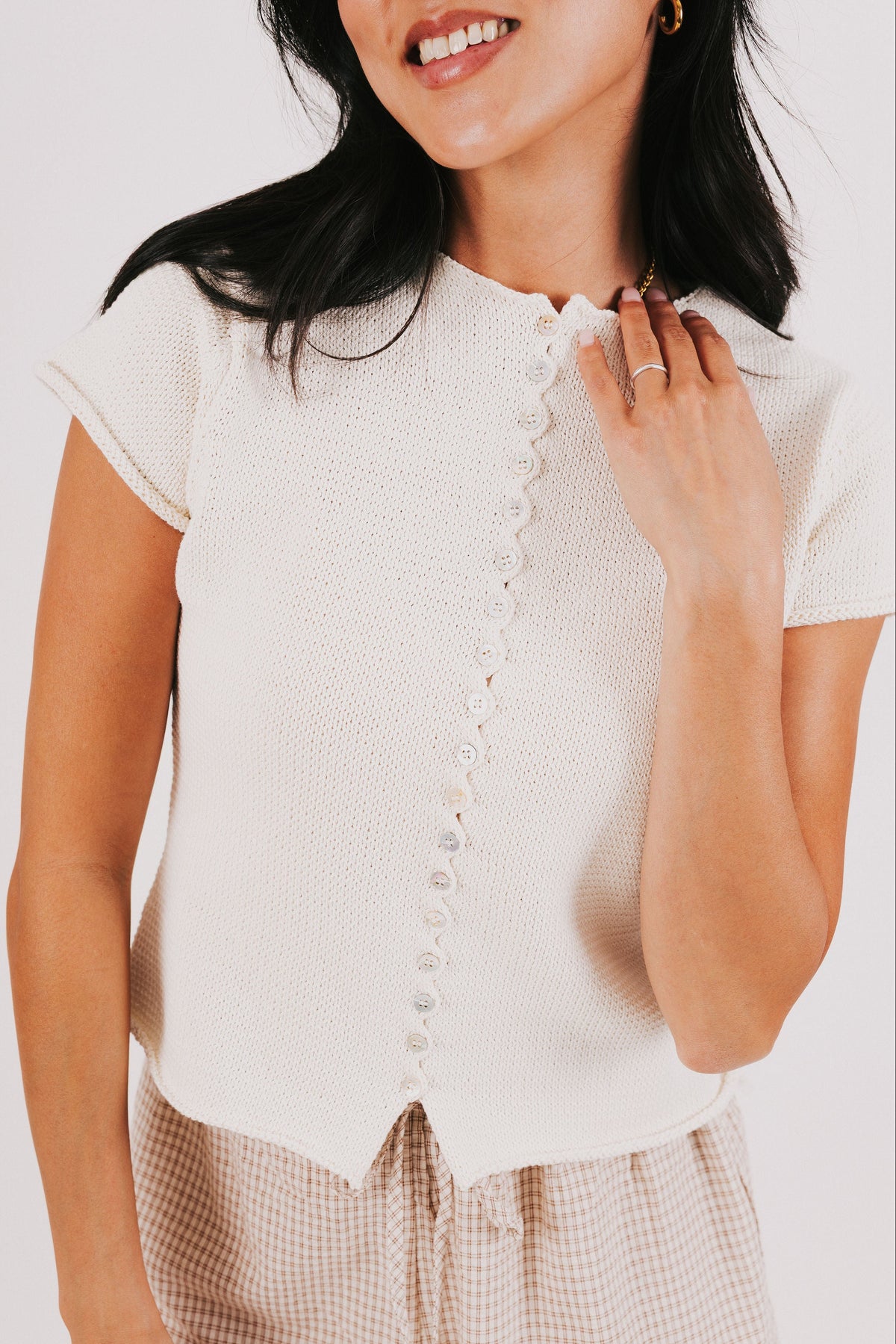 off white knit buttoned top front