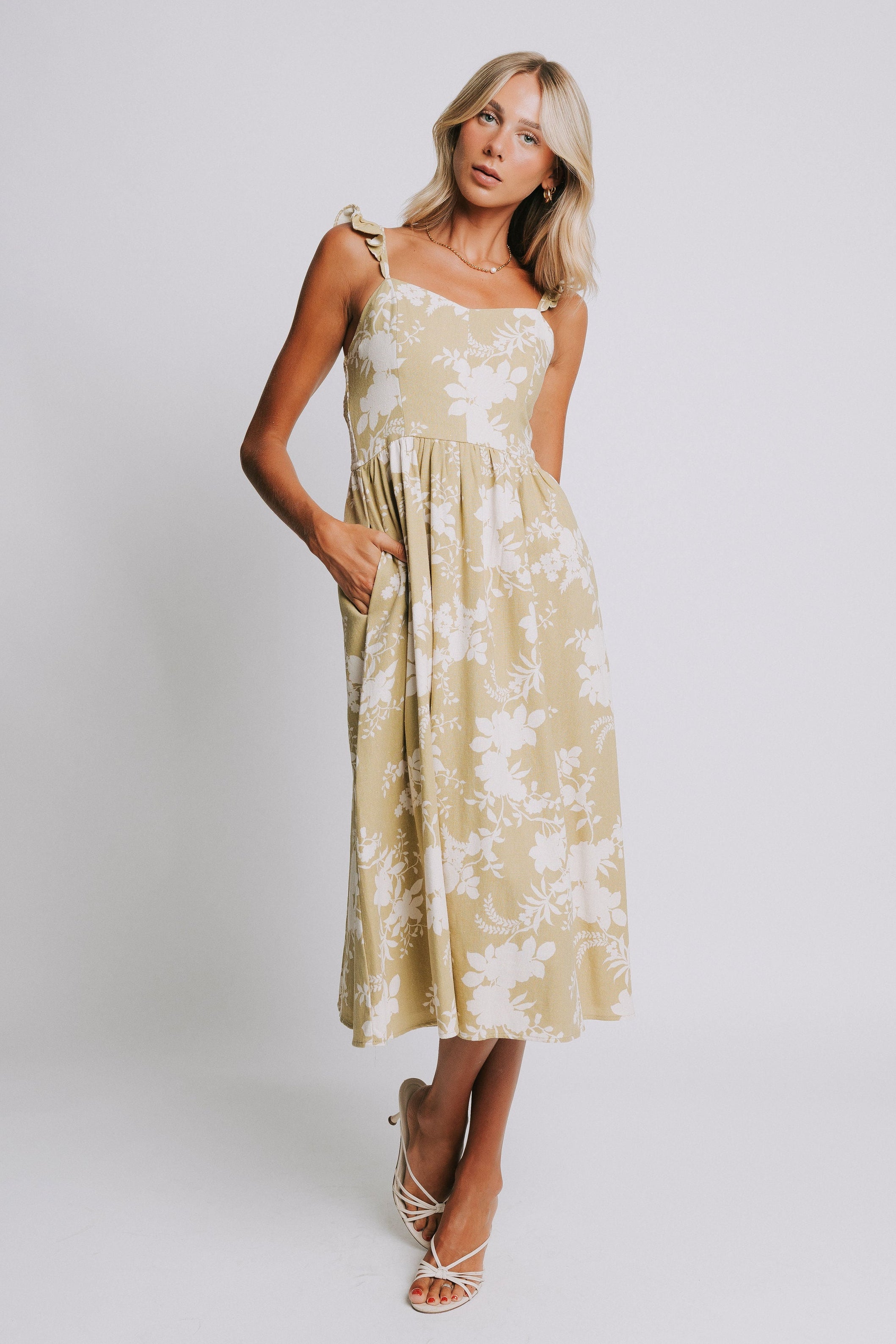 olive and white floral patterned midi dress 