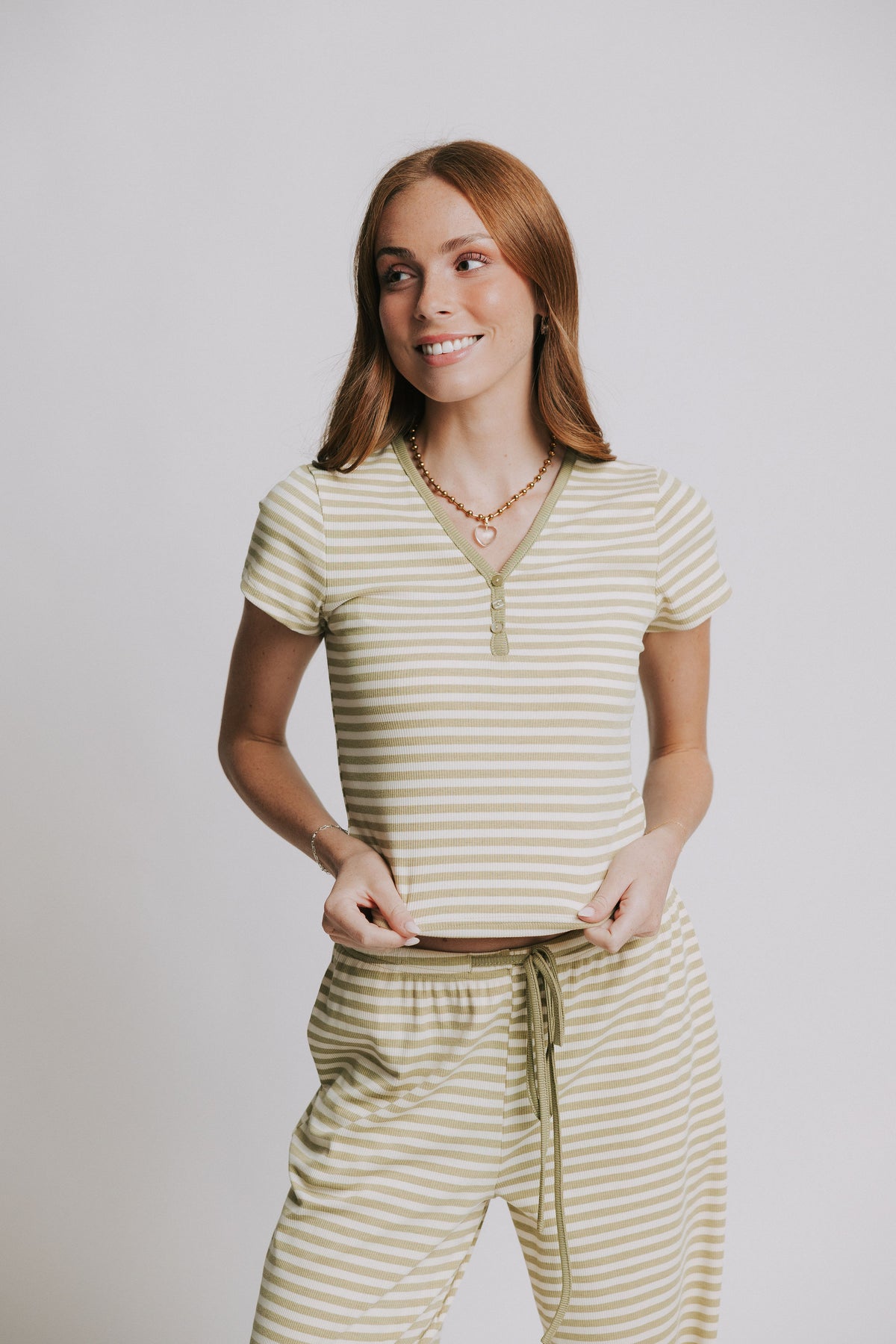 olive striped henley short sleeve top 