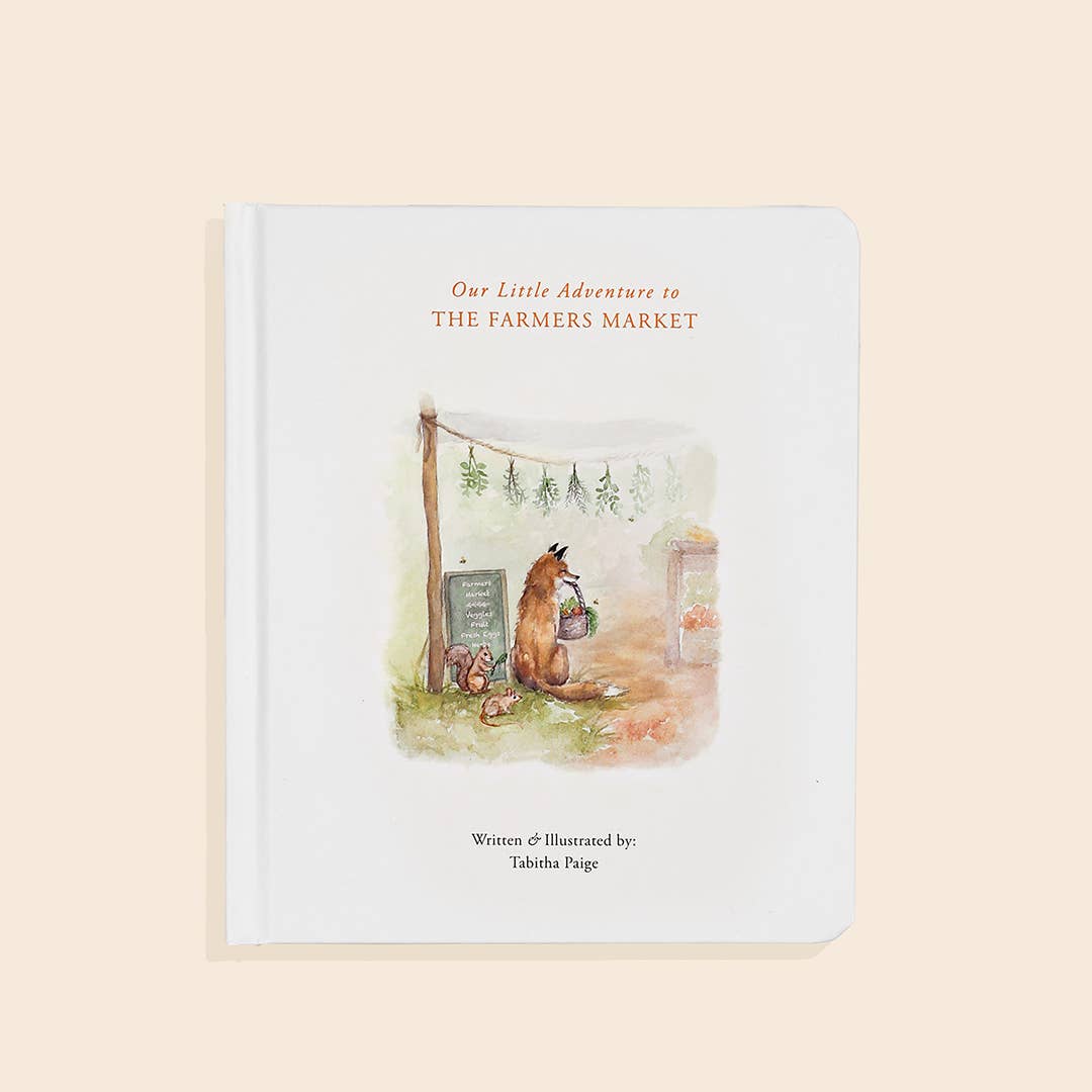 Book cover with illustration of a fox and rabbit at a farmers market on a beige background kids baby book