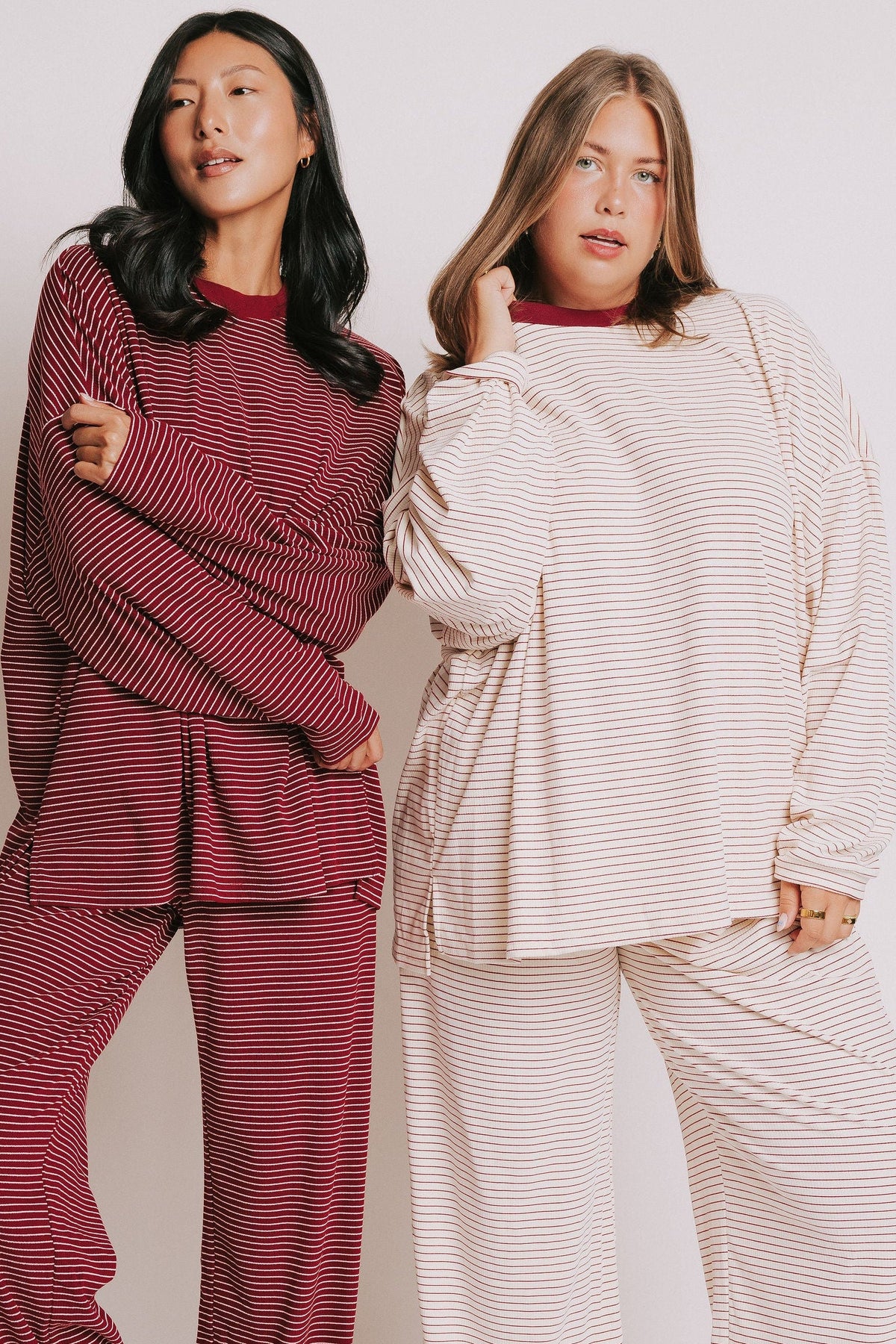 oversized ribbed striped long sleev top red and ivory models
