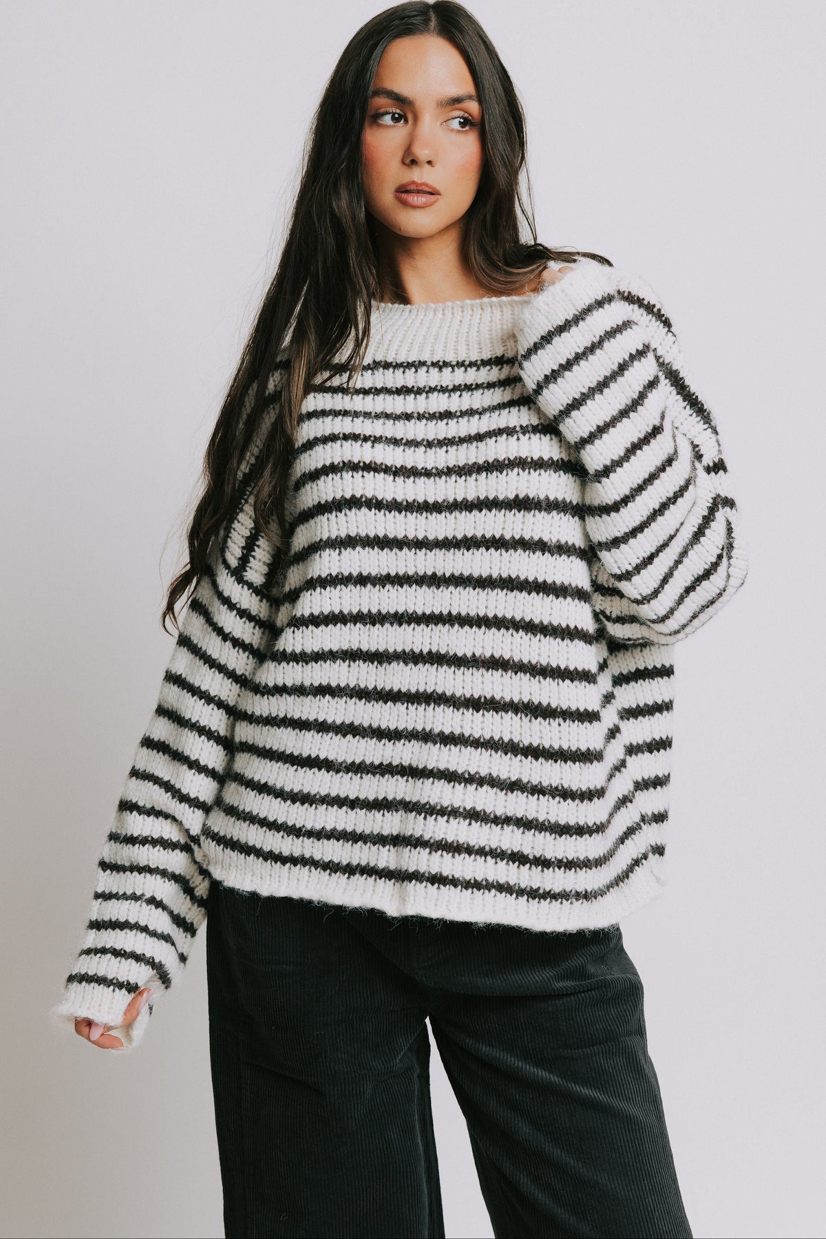 oversized striped sweater with wide neckline