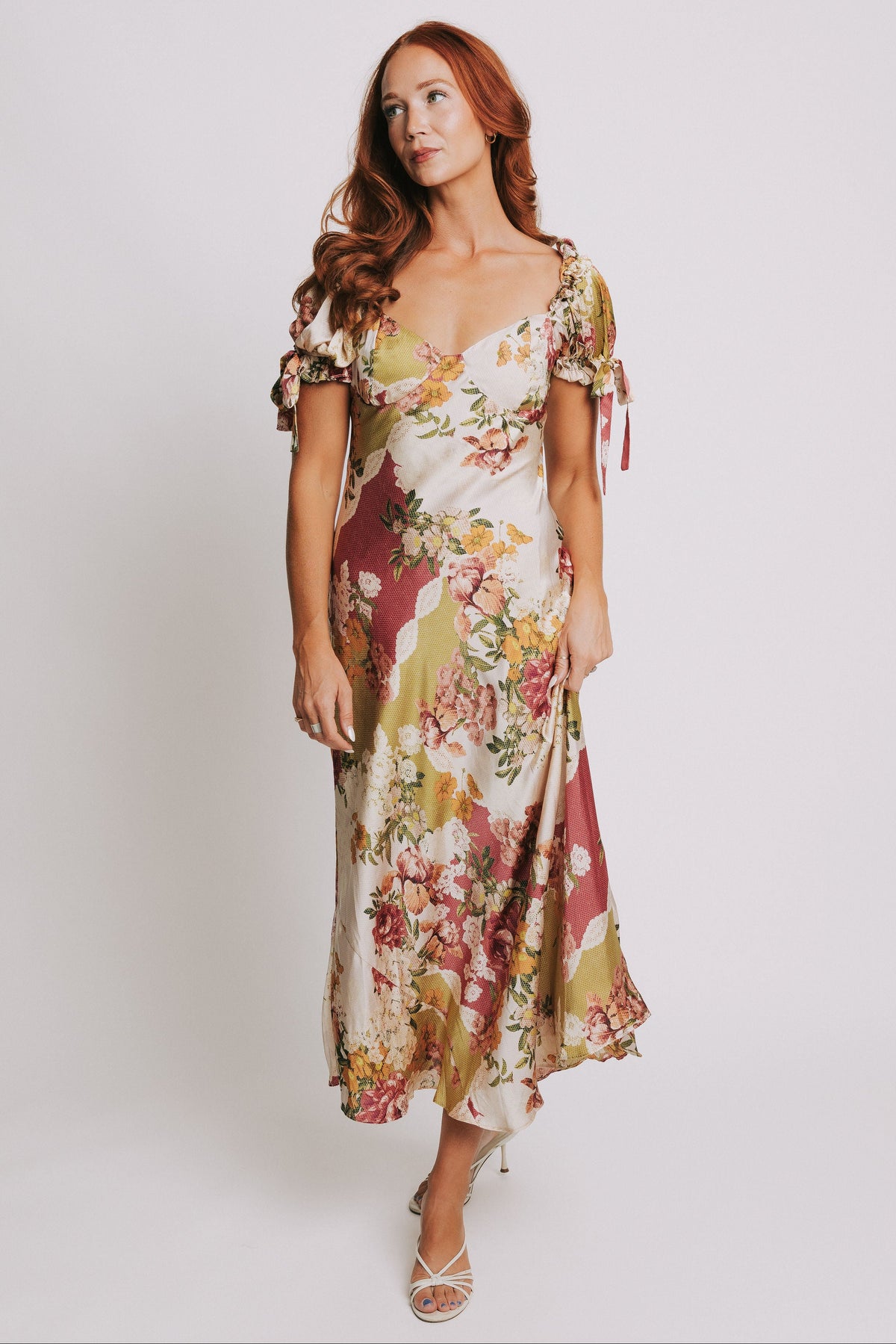 patchwork floral midi dress with puff sleeves full