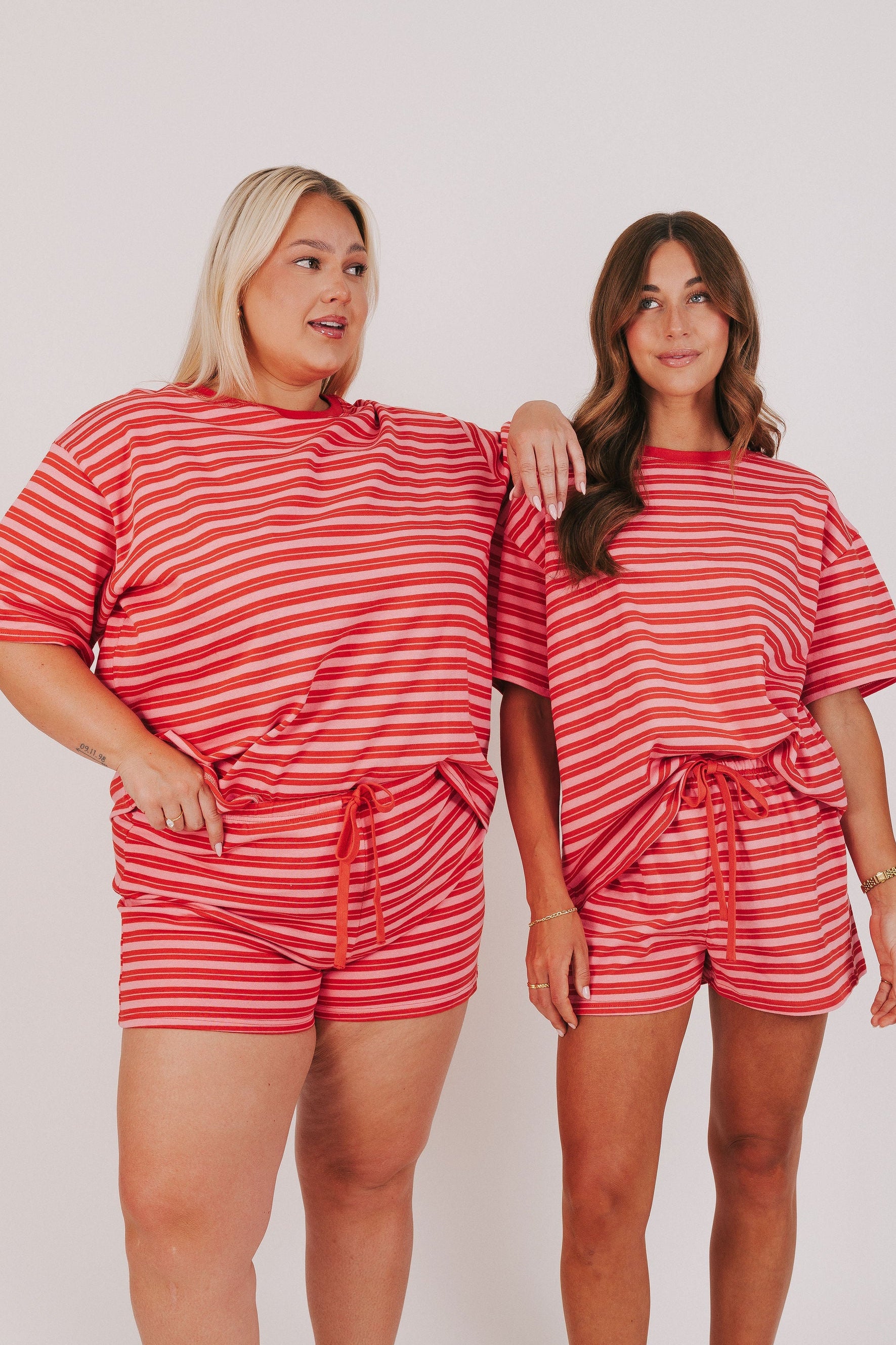 pink and red striped waist tie shorts