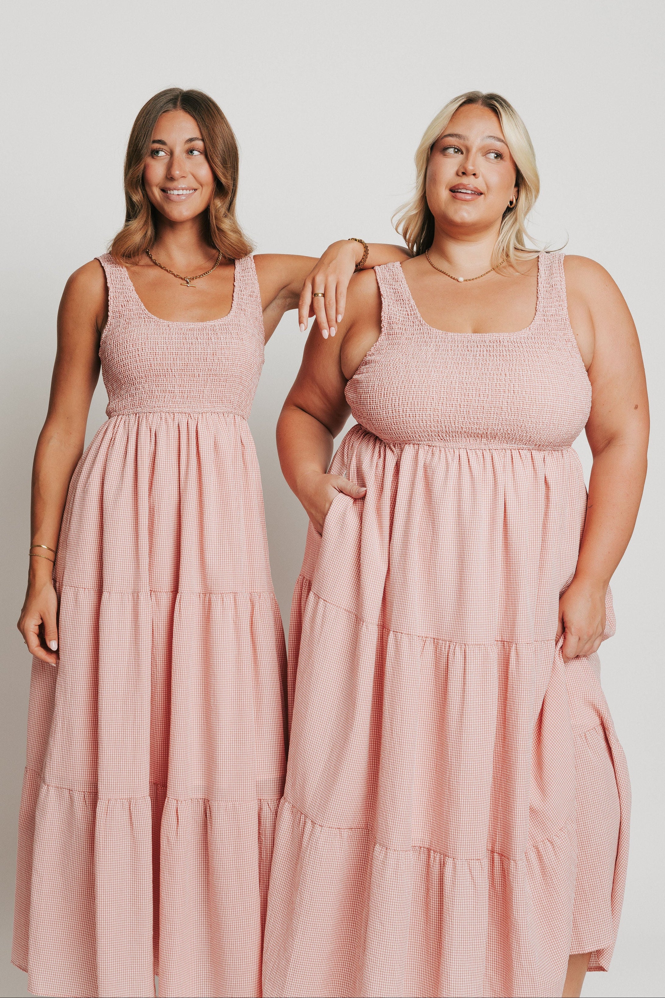 pink and white gingham sleeveless maxi dress 