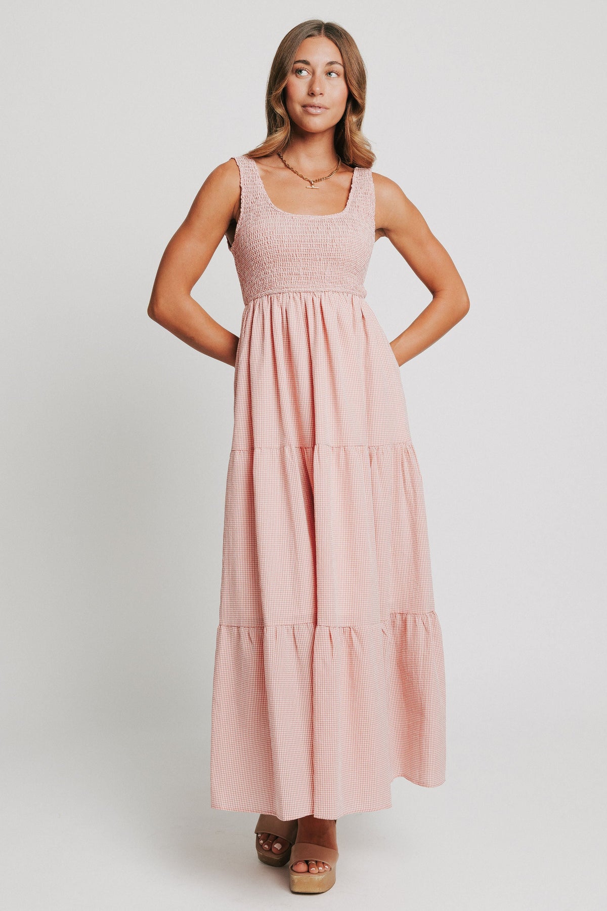 pink and white gingham sleeveless maxi dress 