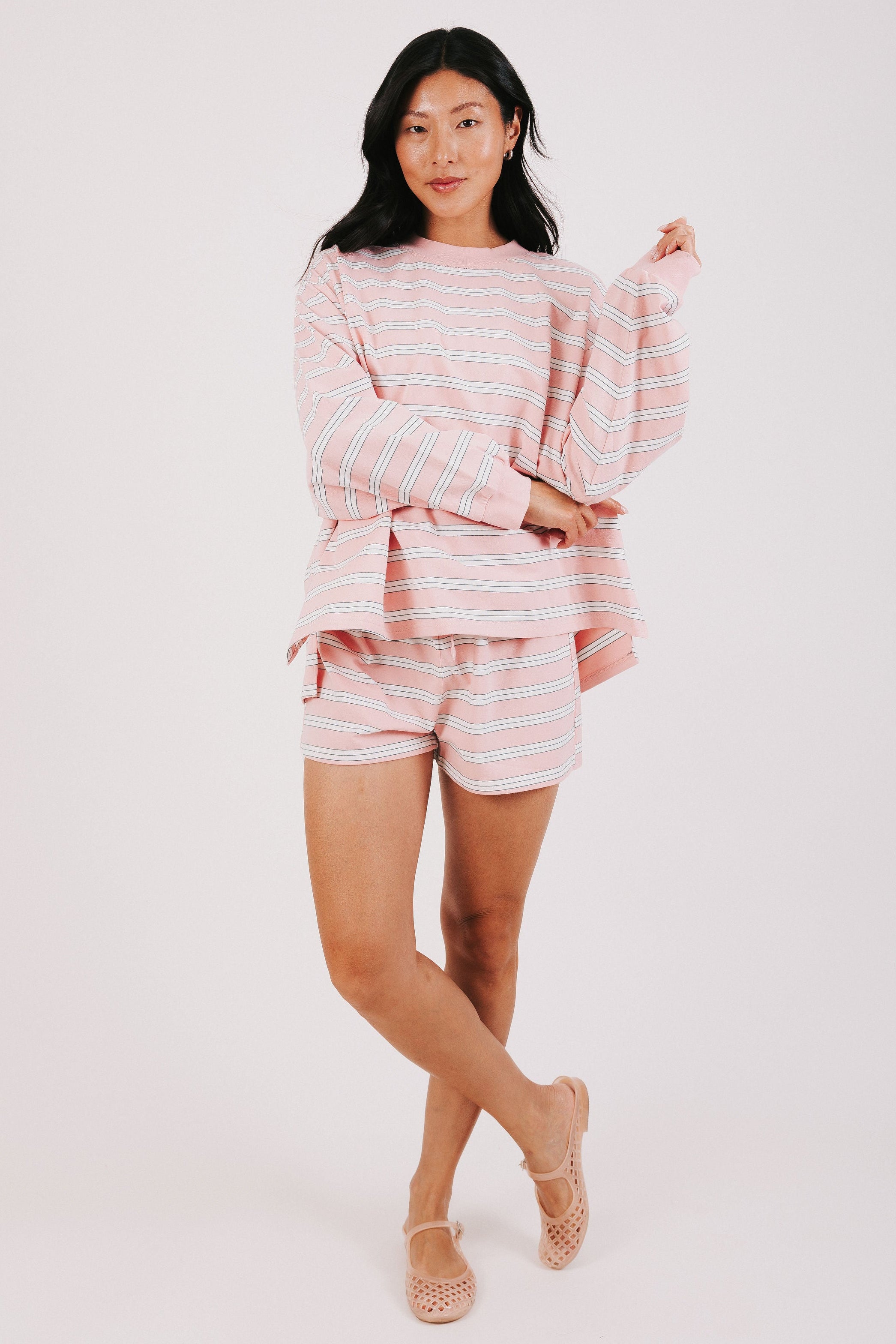pink and white striped long sleeve lounge top full