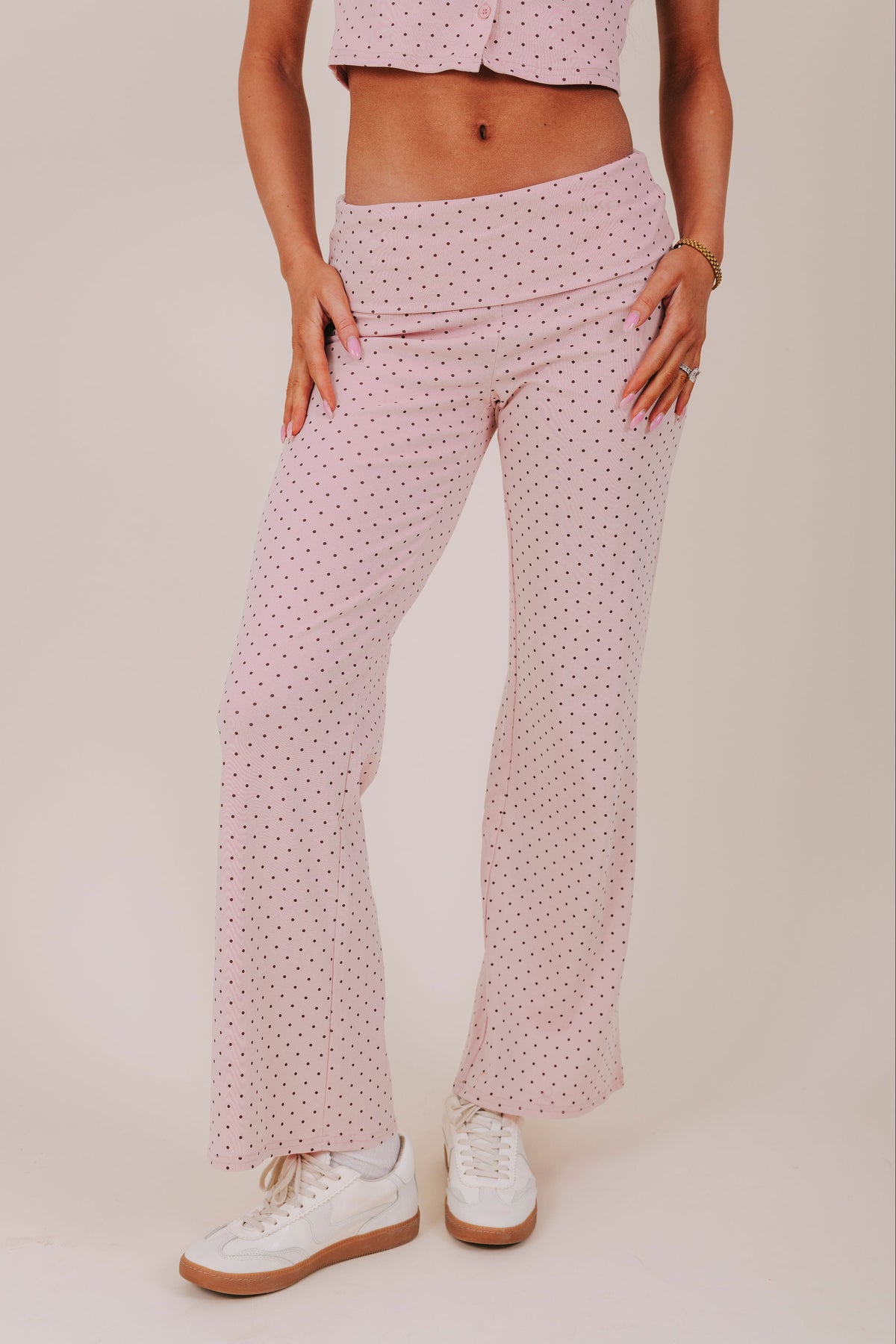 pink brown polka dot lounge pant front