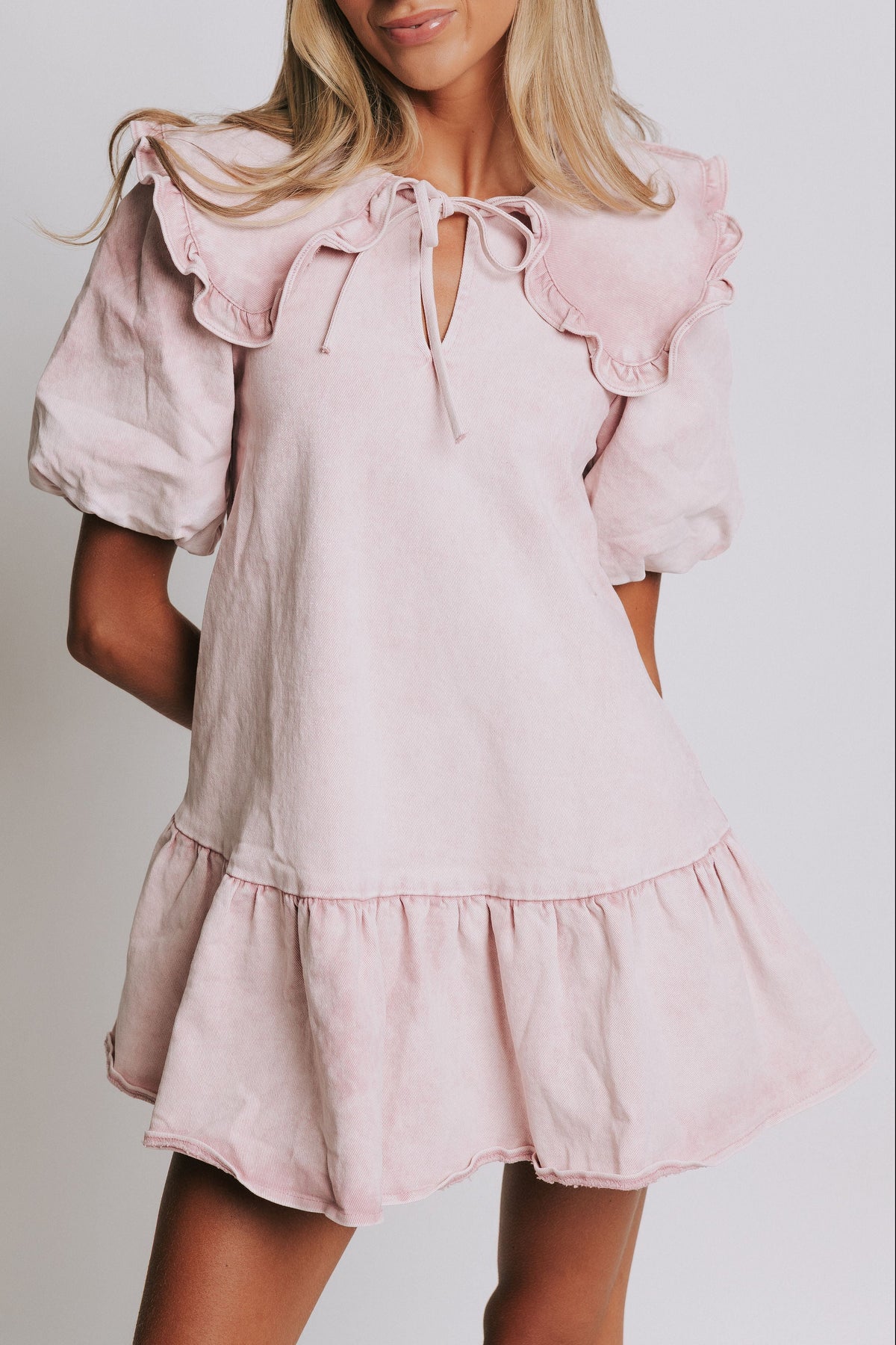 pink denim mini dress with puff sleeves and collar 