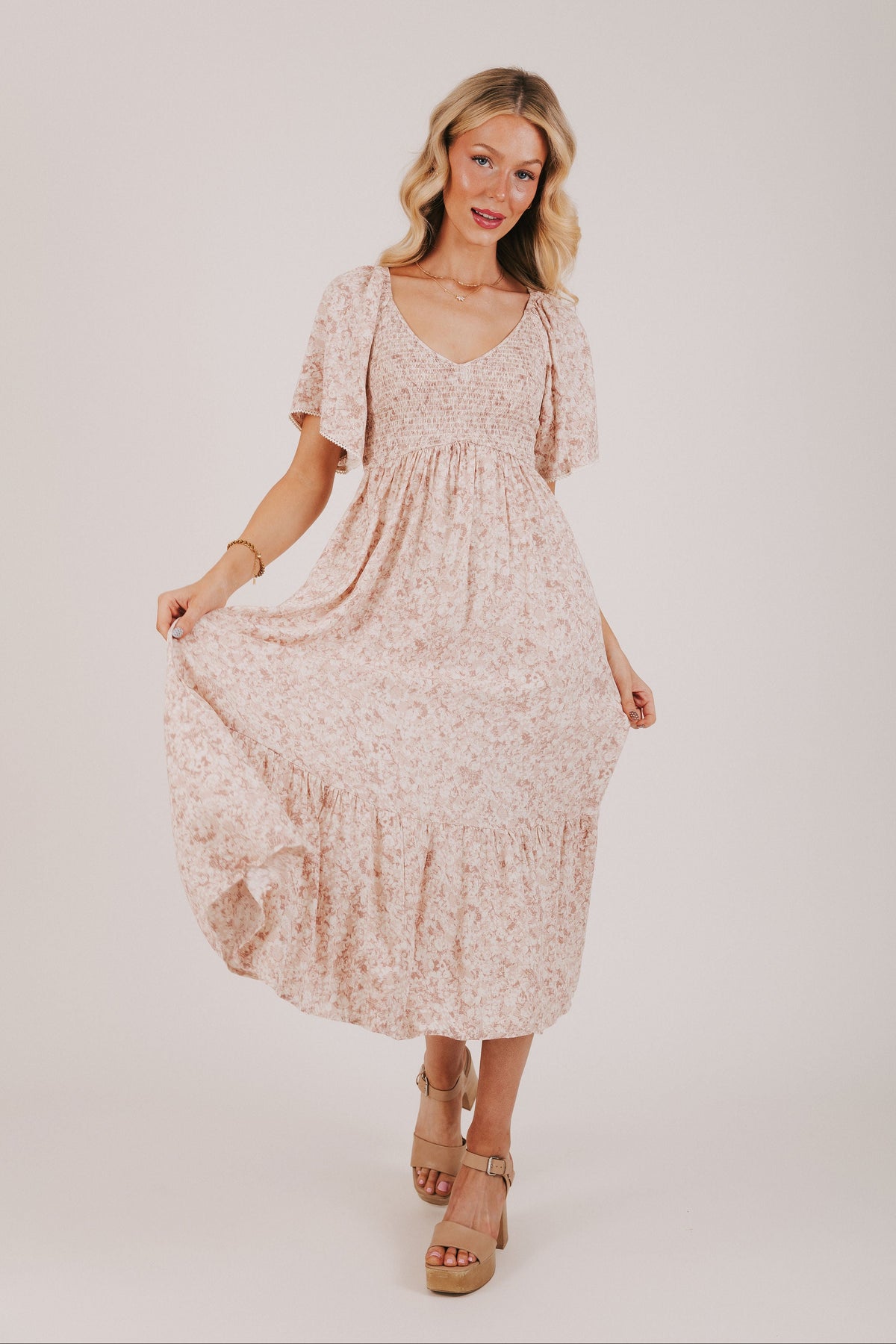 pink floral dress with wide sleeves