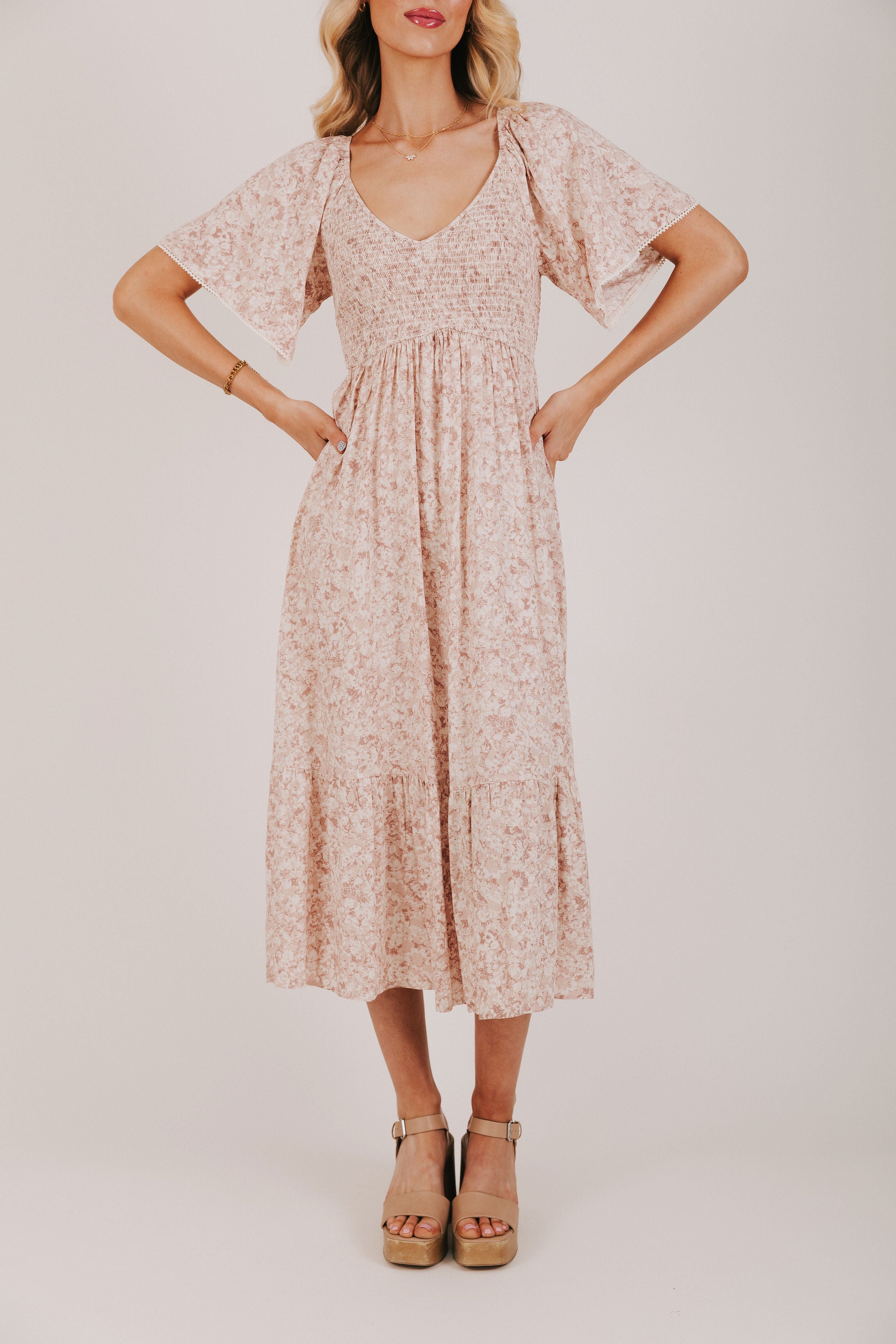 pink floral dress with wide sleeves 