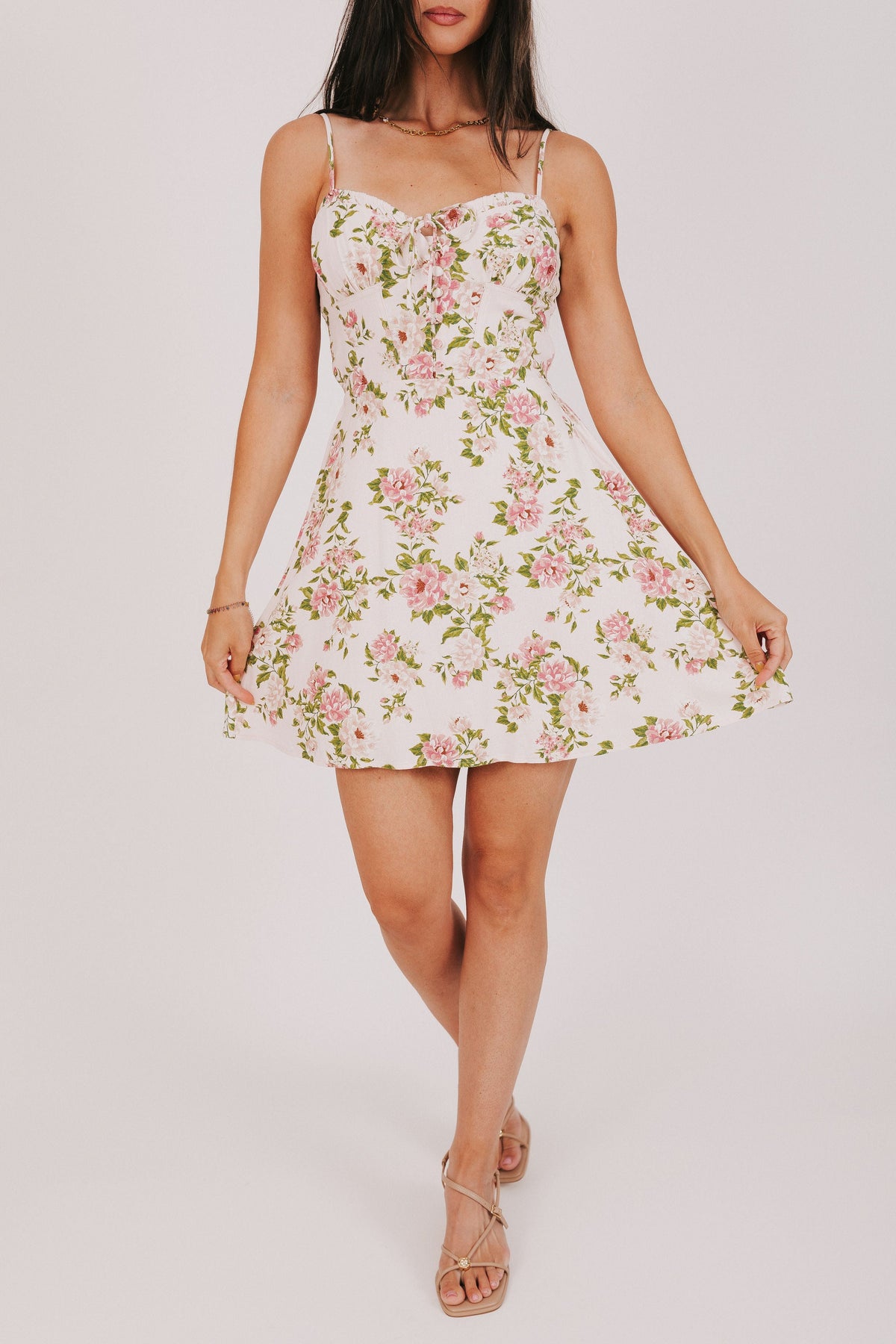 pink floral sweetheart mini dress front