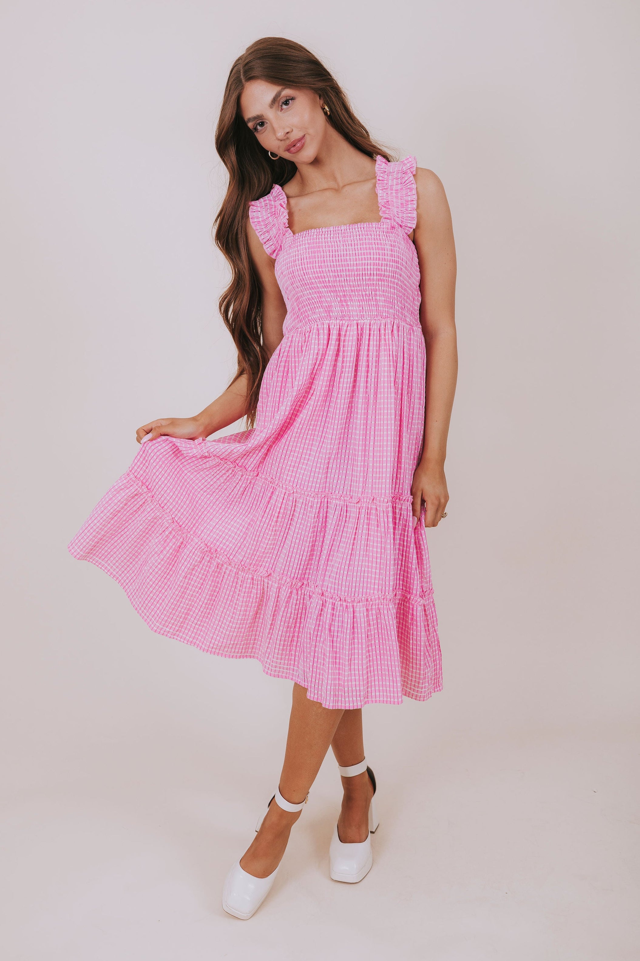pink gingham shirred maxi dress full