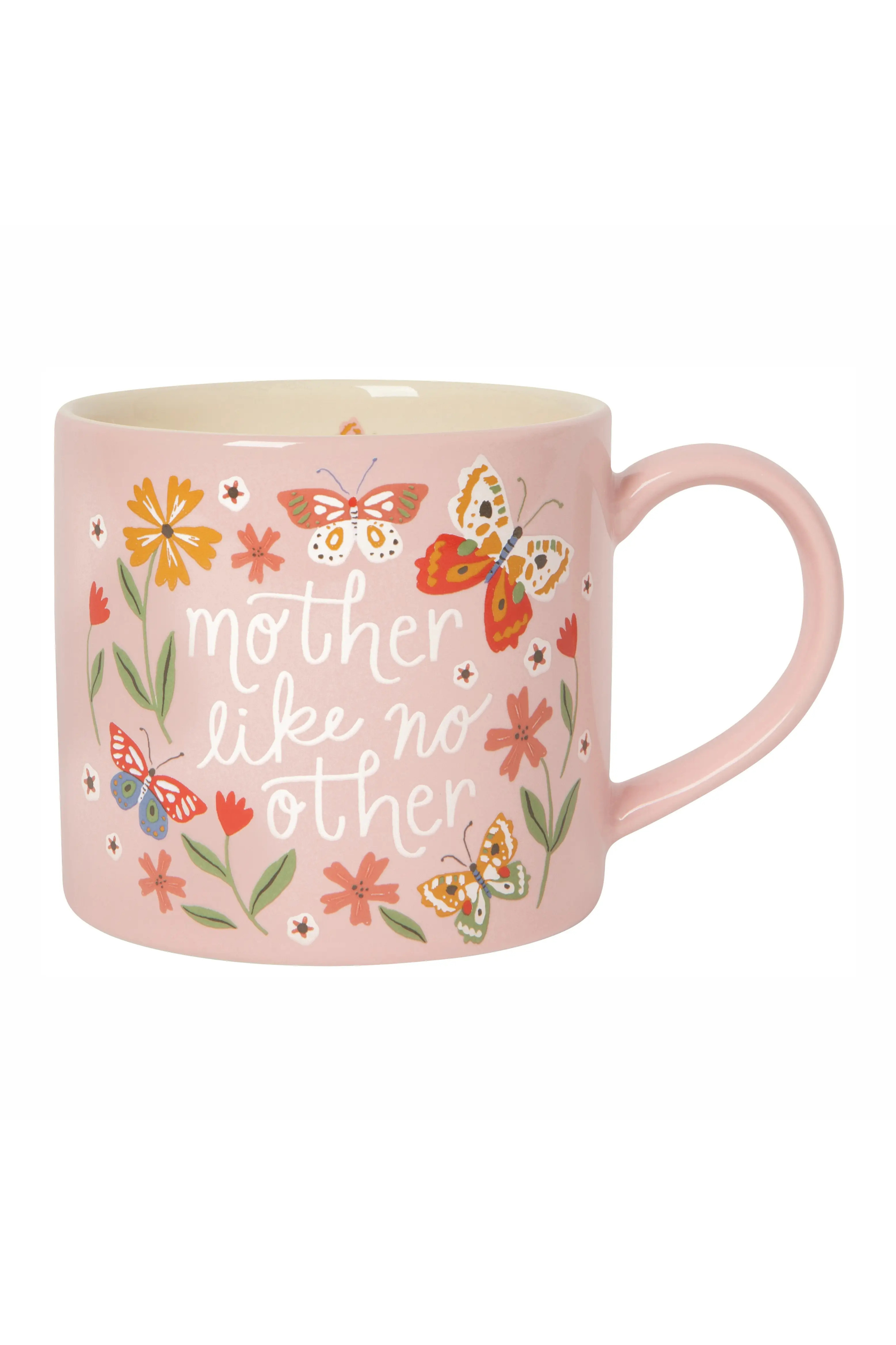 Pink mug for mother's day that says mother like no other with flowers and butterflies 