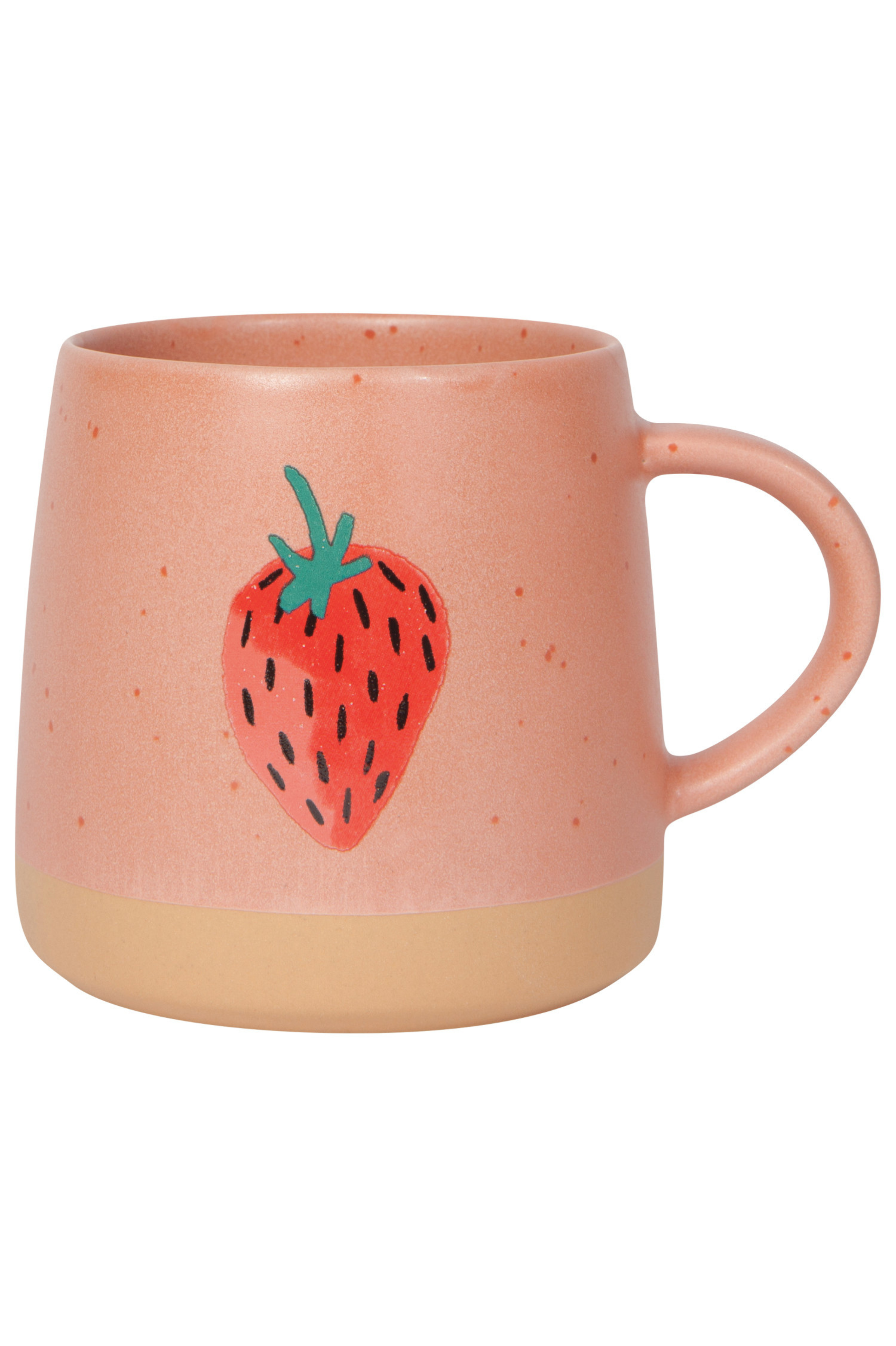 Pink mug with neutral colored base and strawberry 
