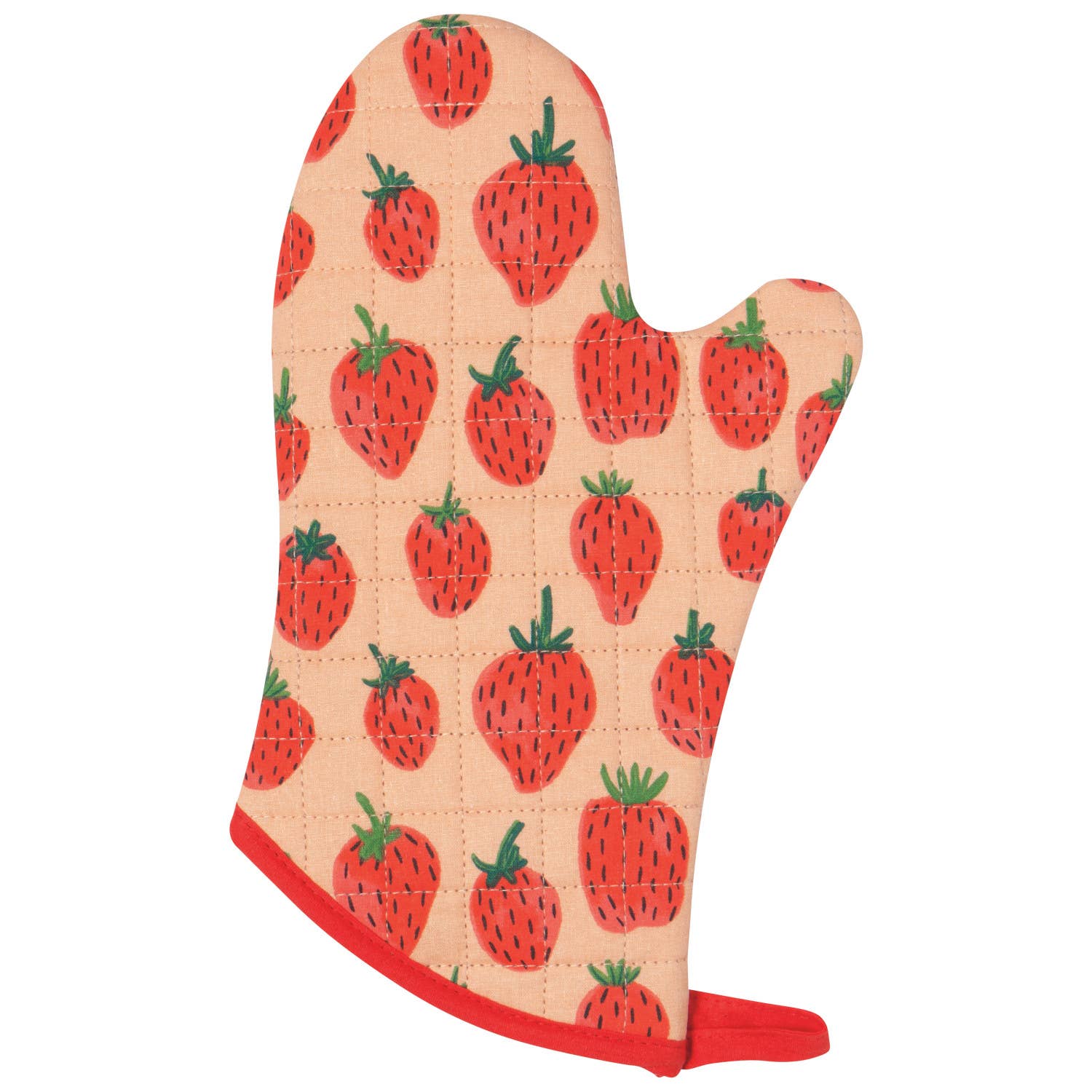 pink oven mitt with strawberry print and red trim 