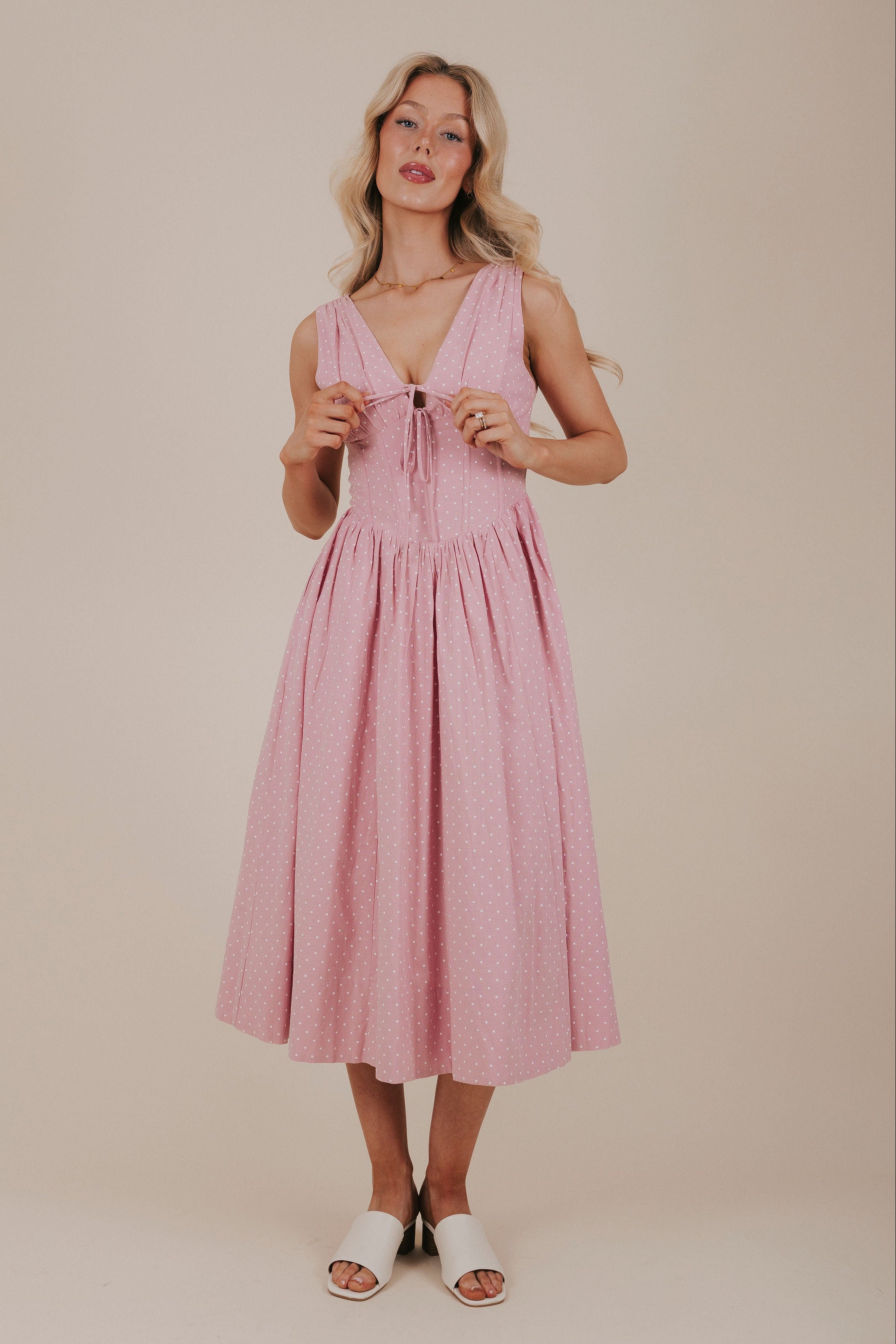 pink polka dot dress womens Pink Poise Dress M / Almond