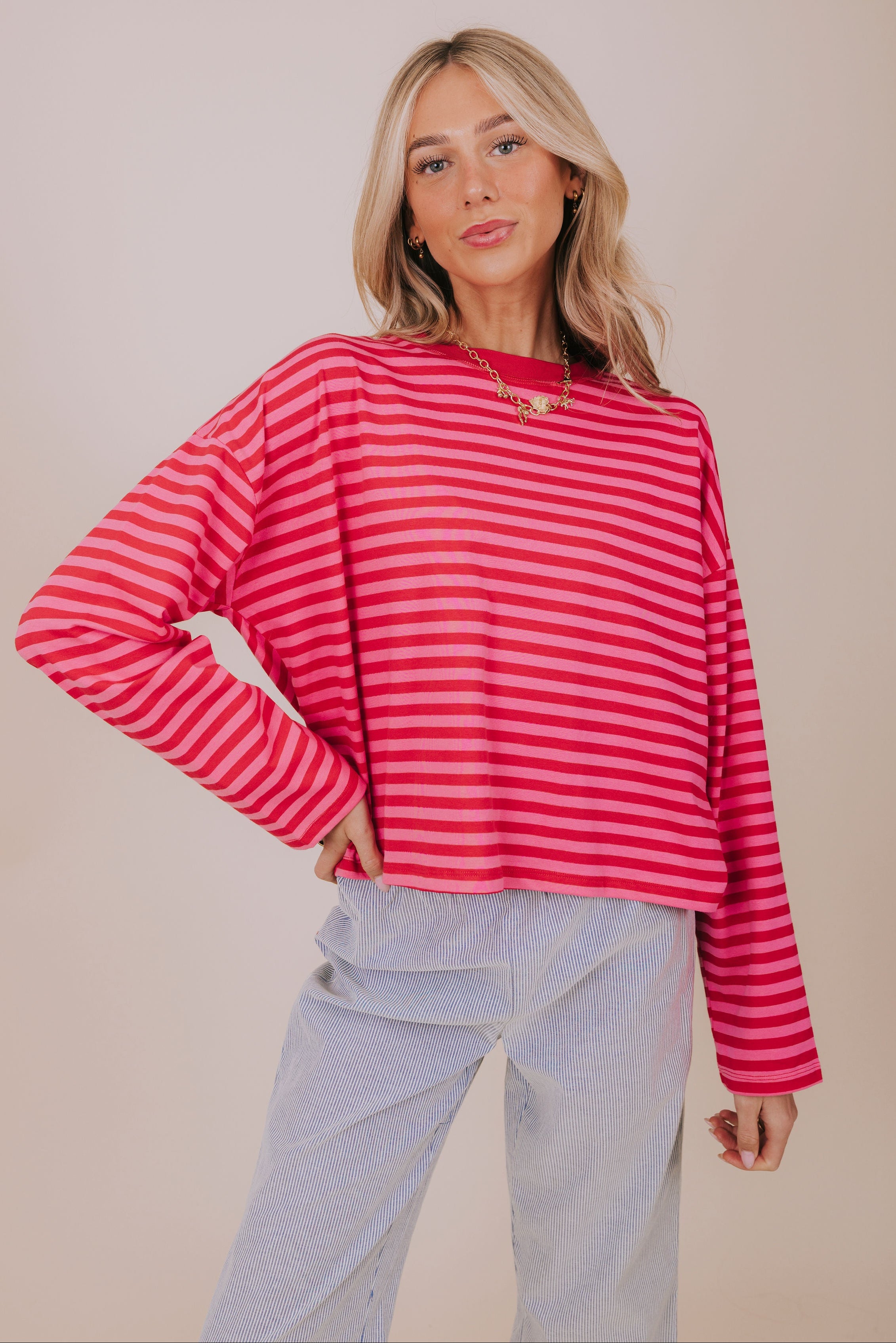pink and red striped long sleeve front