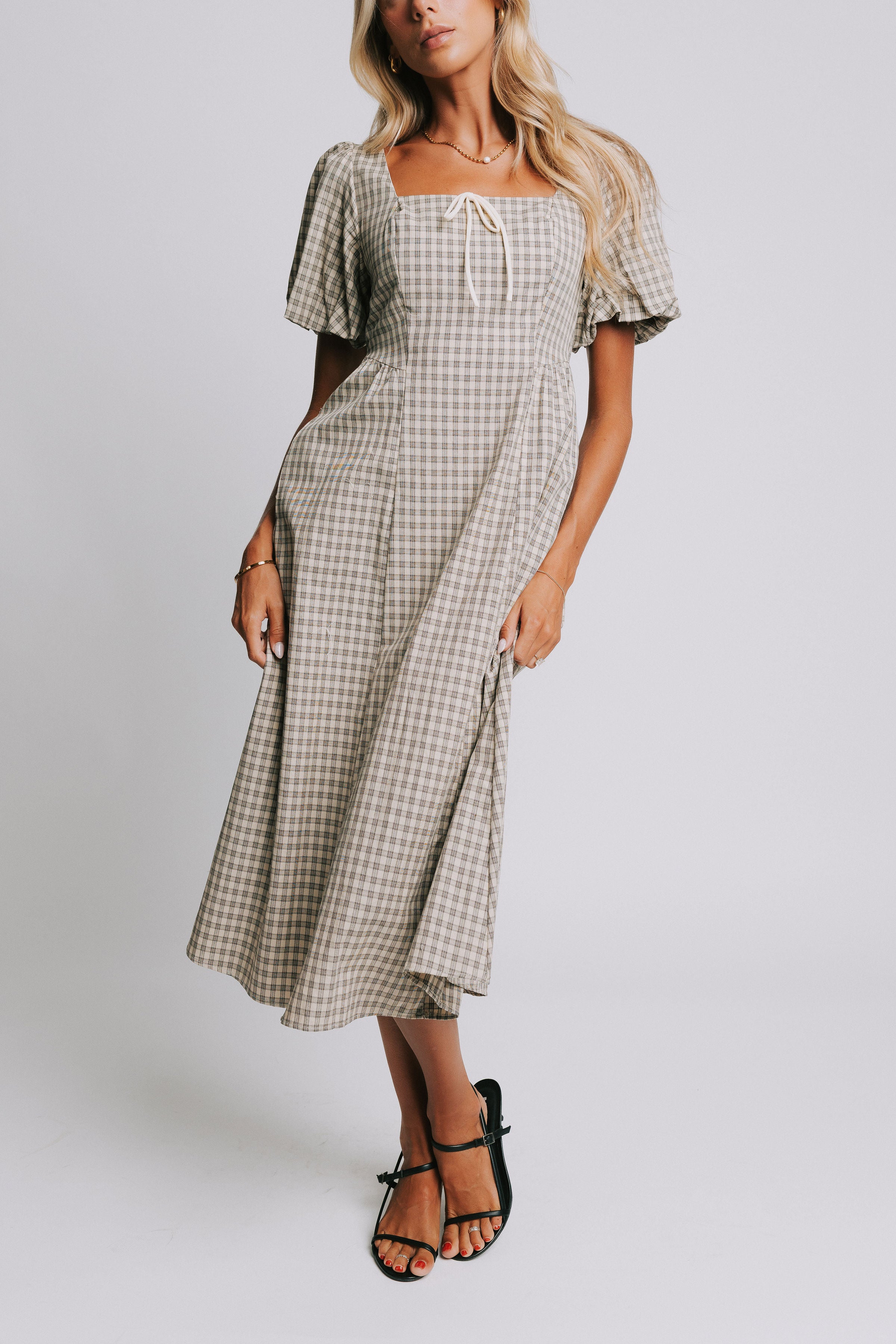 plaid basque waist dress with bow detail