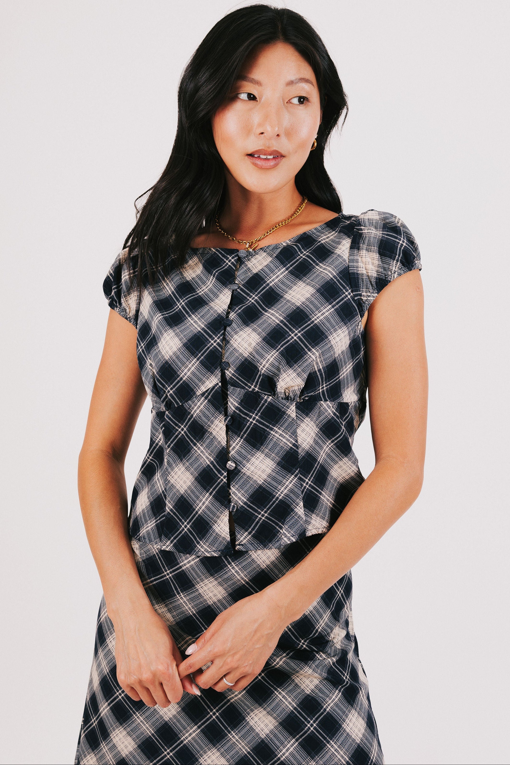 plaid cap sleeve top with buttons