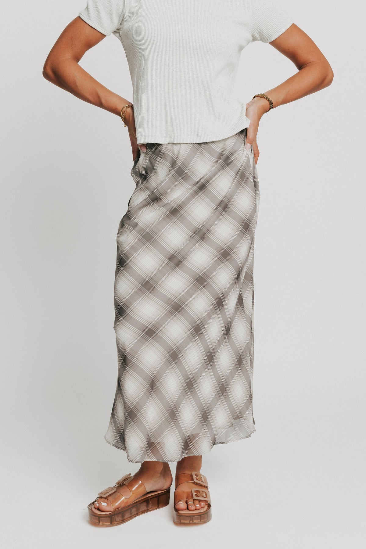 plaid maxi skirt with sheer overlay