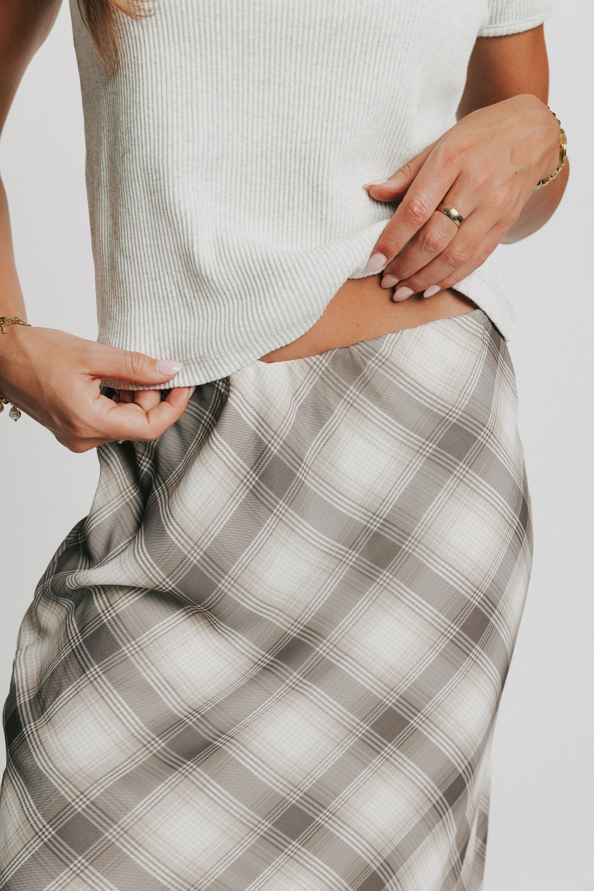 plaid maxi skirt with sheer overlay close