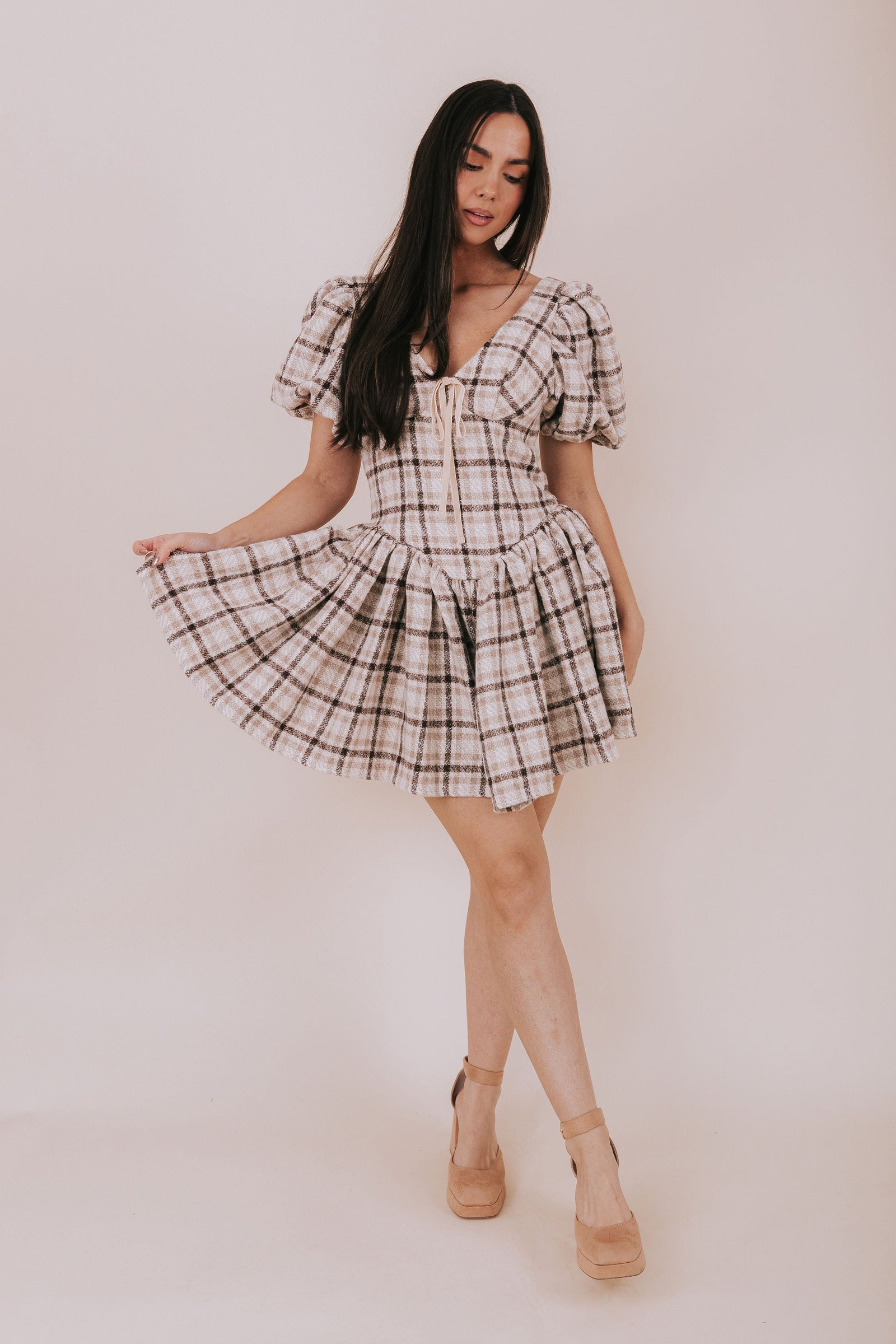 plaid tweed mini dress Uptown Chic Dress S / Taupe
