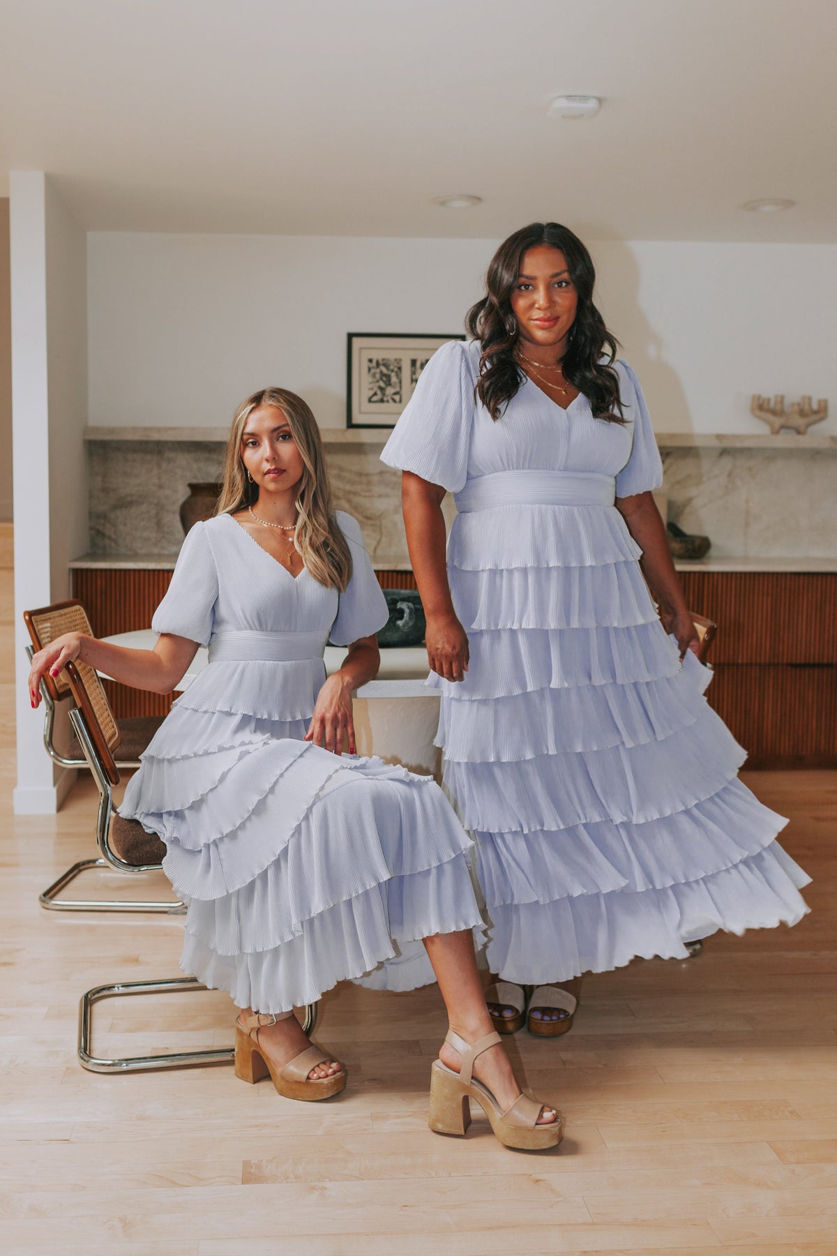 pleated tiered v neck maxi dress with puff sleeves icy blue lifestyle models