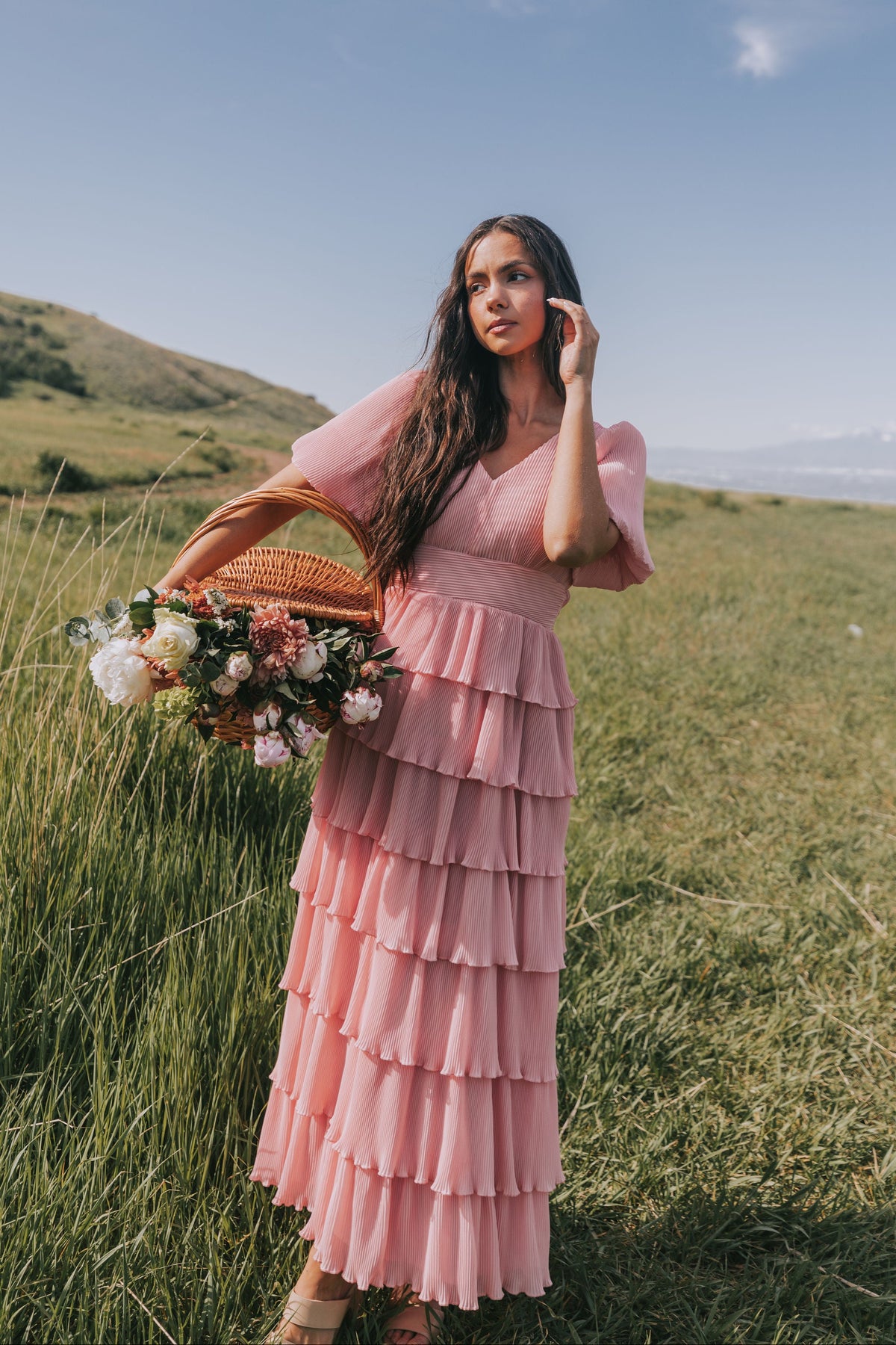pleated tiered v neck maxi dress with puff sleeves pink lifestyle