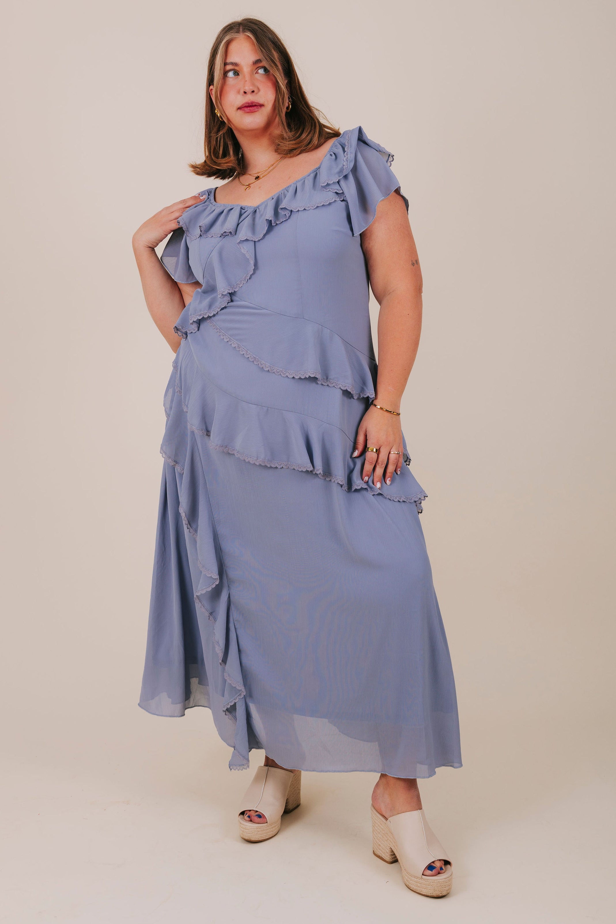 plus size asymmetrical blue ruffle midi dress full