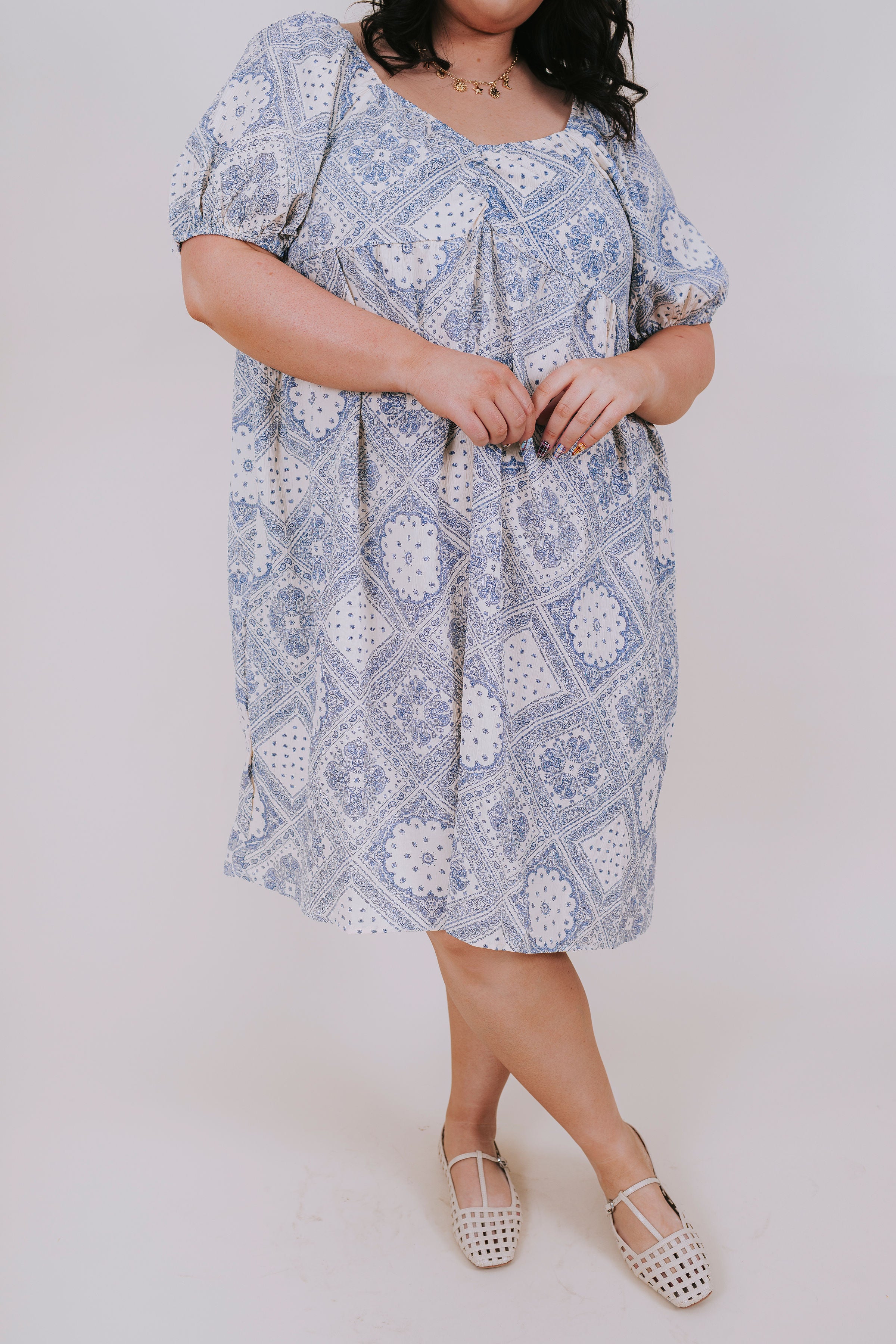 plus size blue paisley patchwork dress front