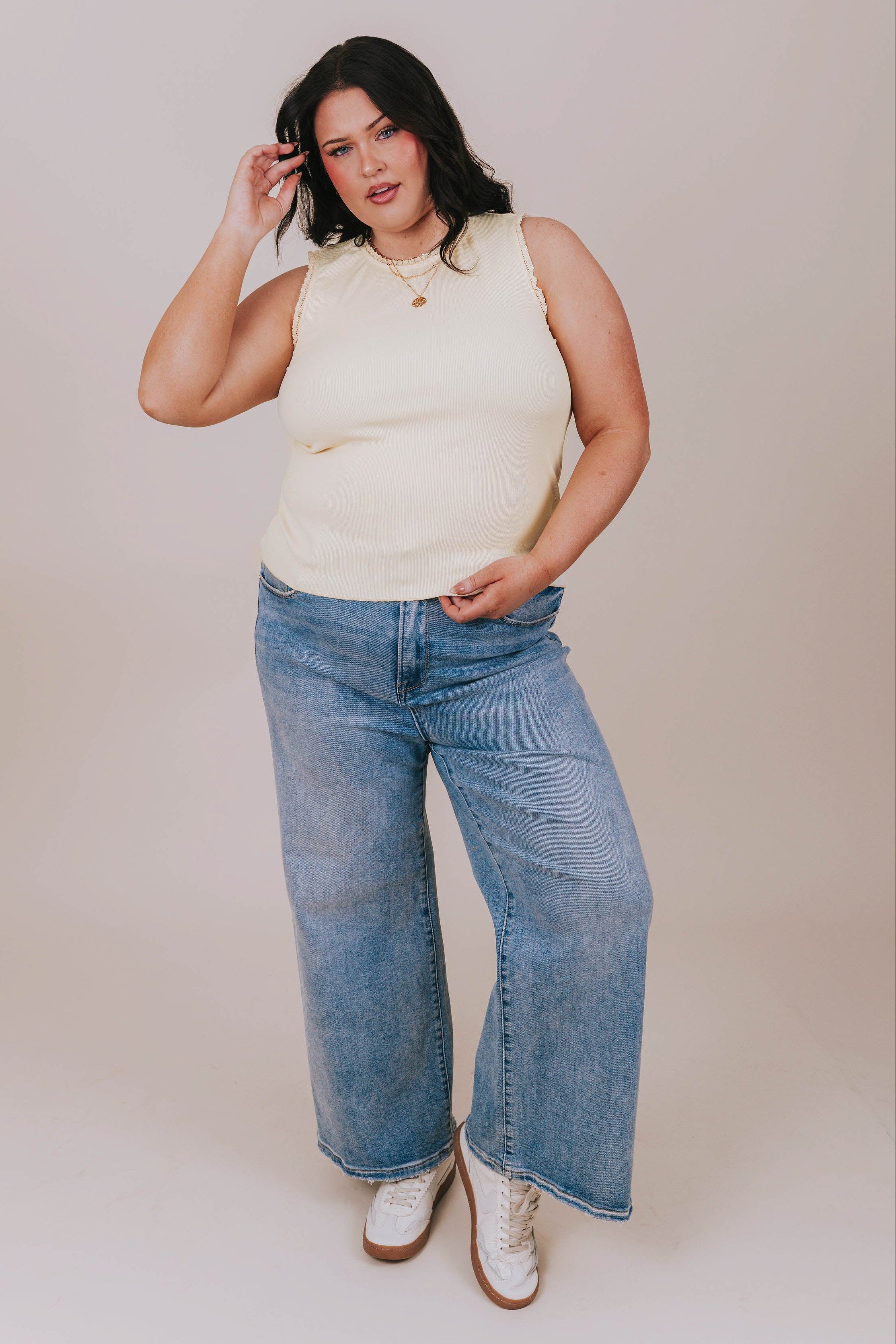 plus size butter yellow ruffle tank full 2