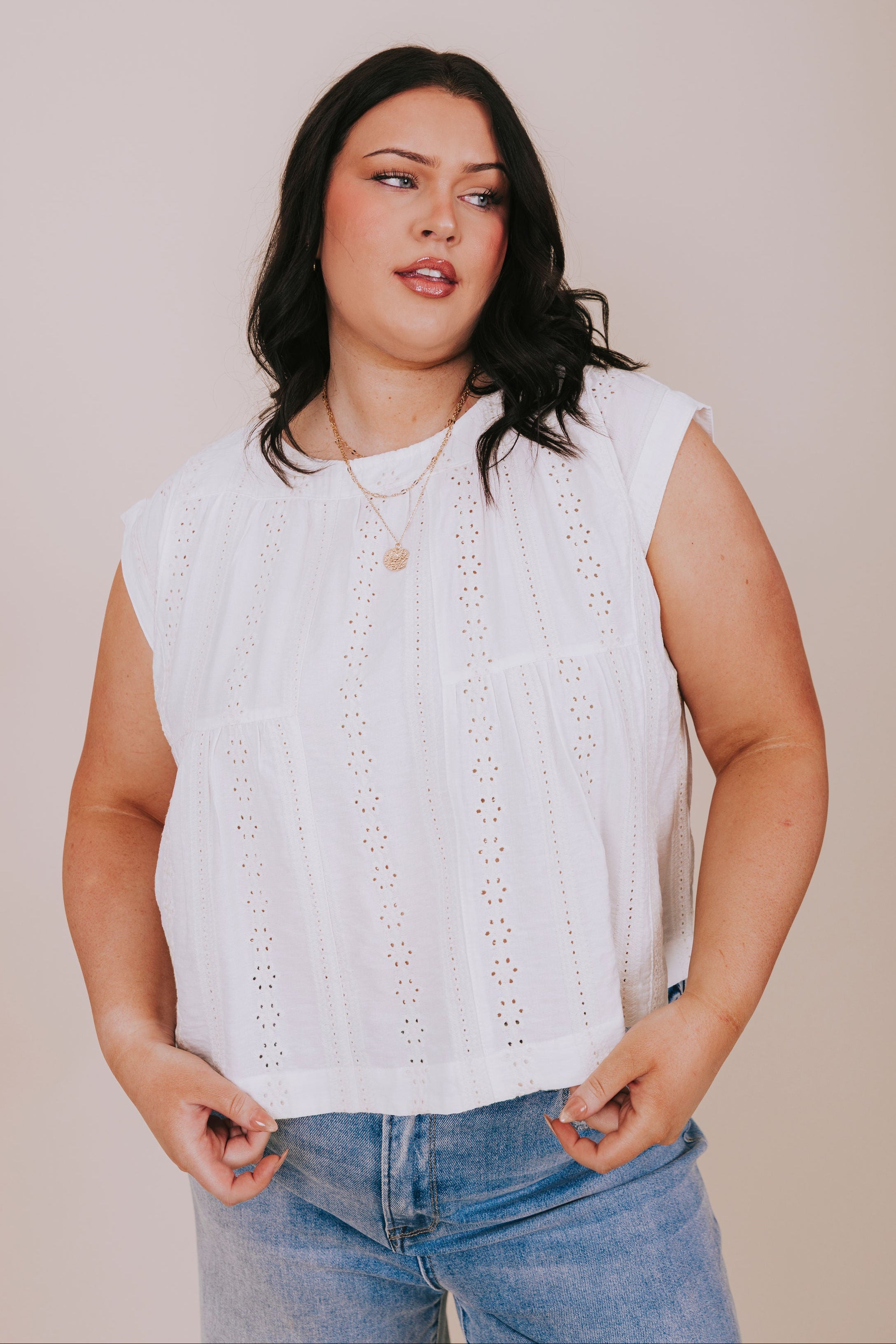 plus size ivory floral embroidered sleeveless blouse front