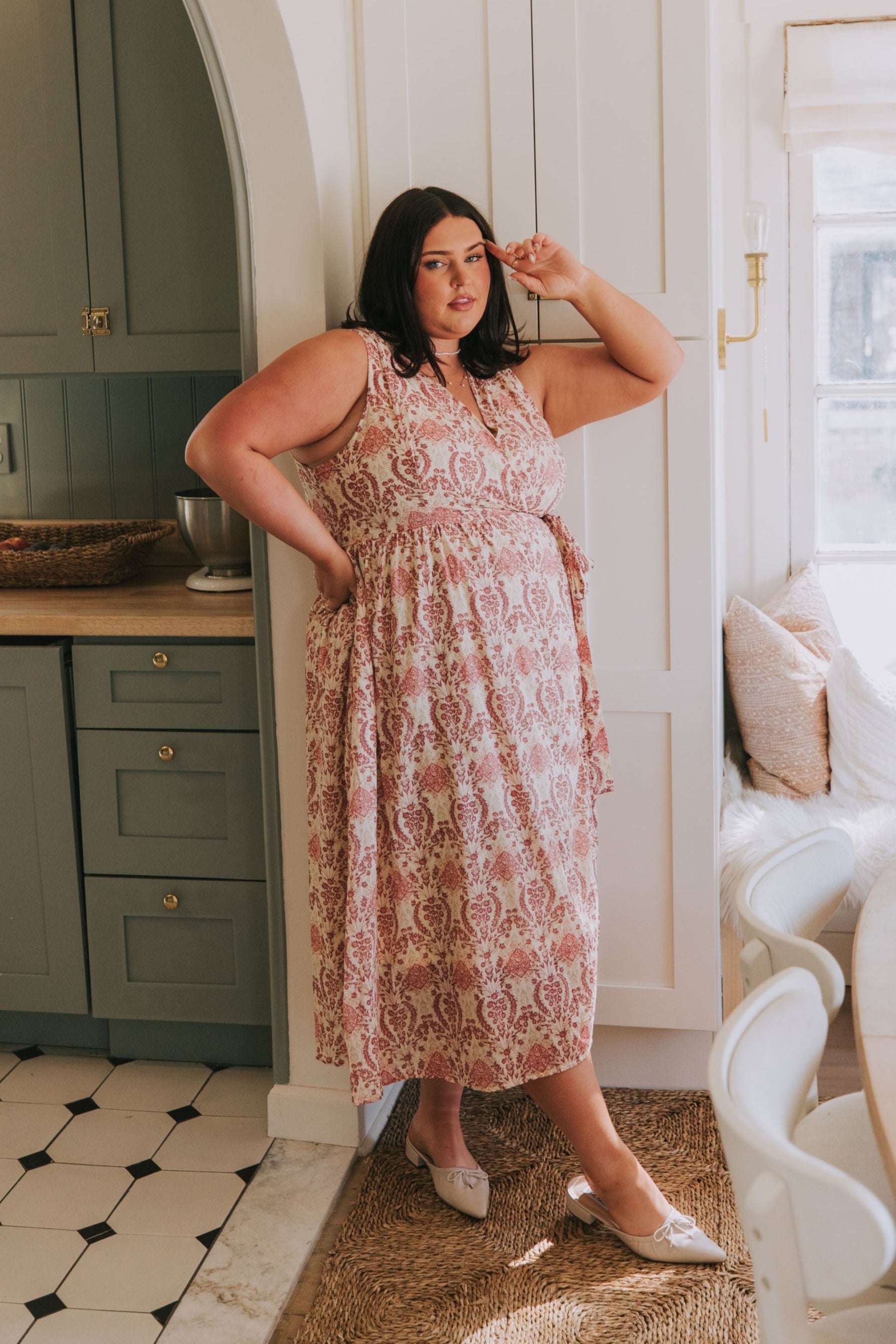 plus size ivory pink print wrap midi dress model