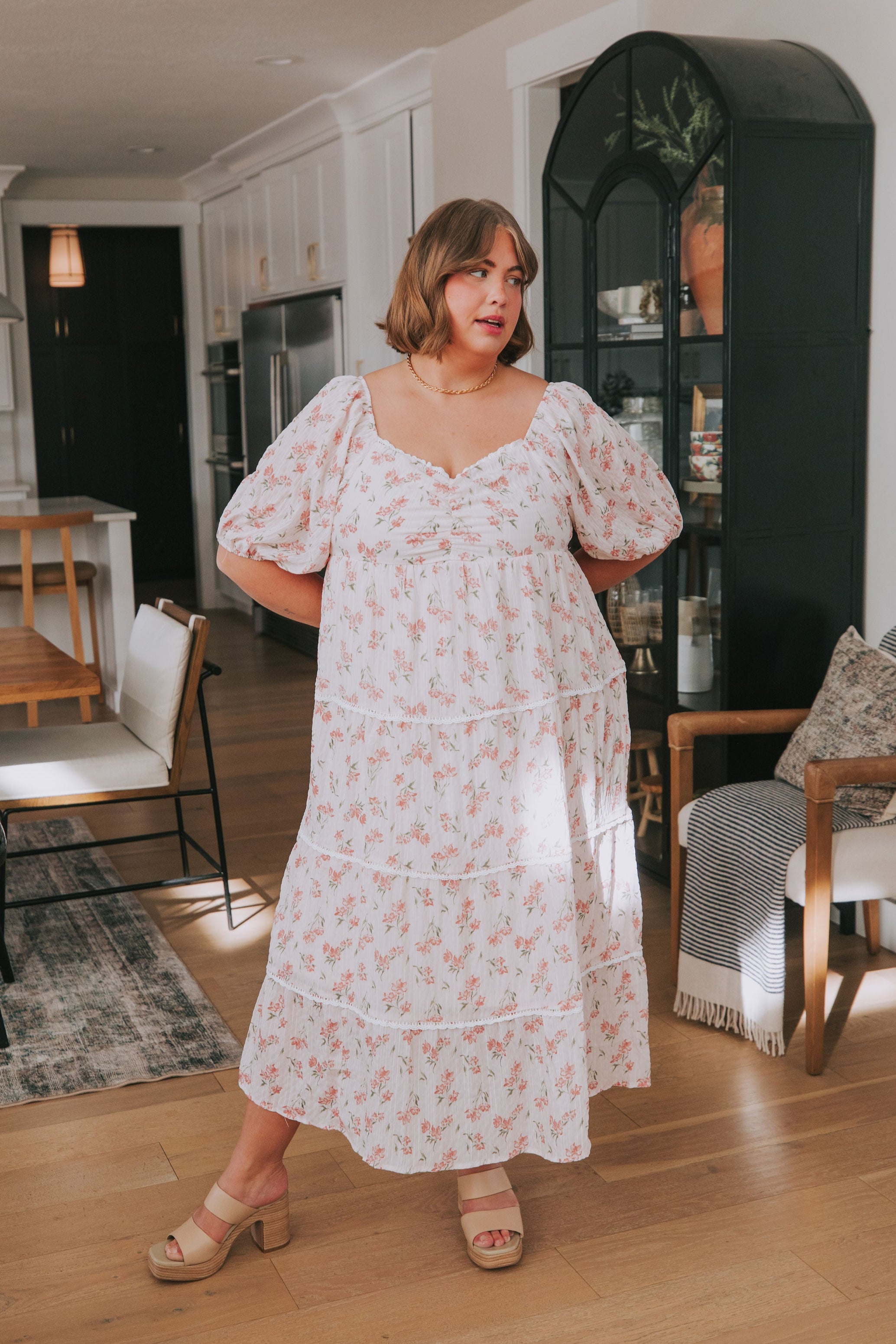 plus size pink floral sweetheart neckline midi dress model