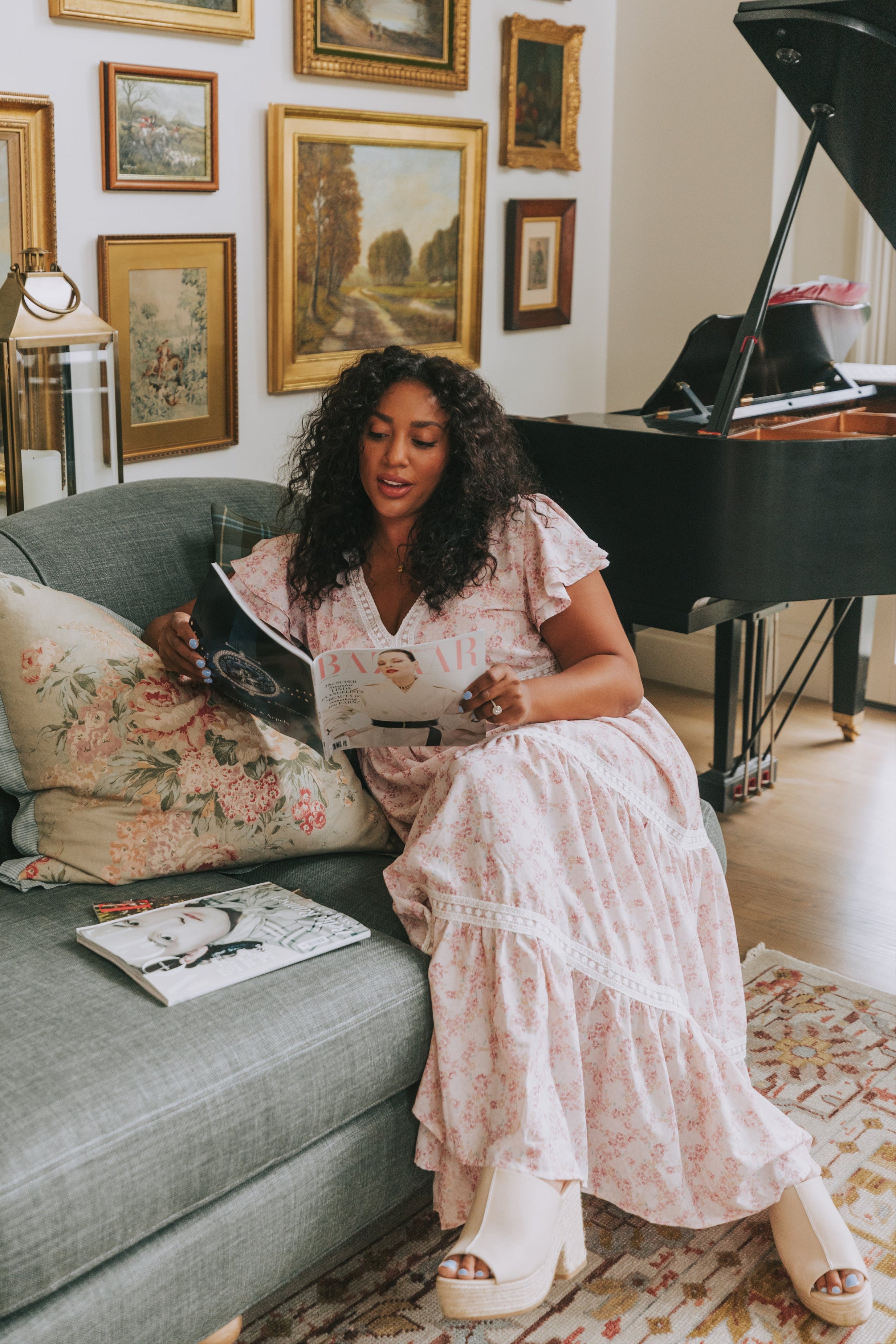 plus size pink floral tiered lace maxi dress model