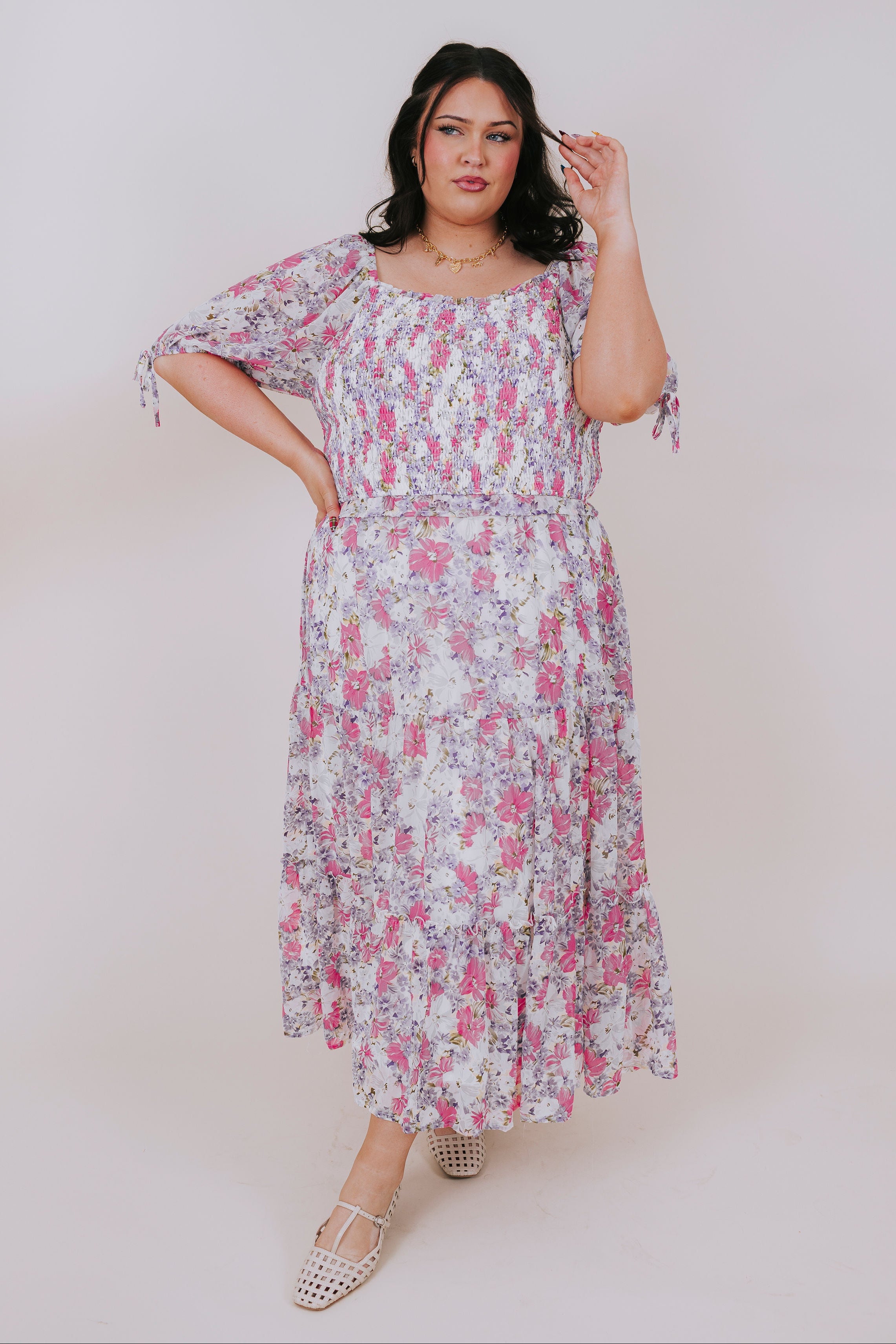 plus size pink purple floral midi dress full