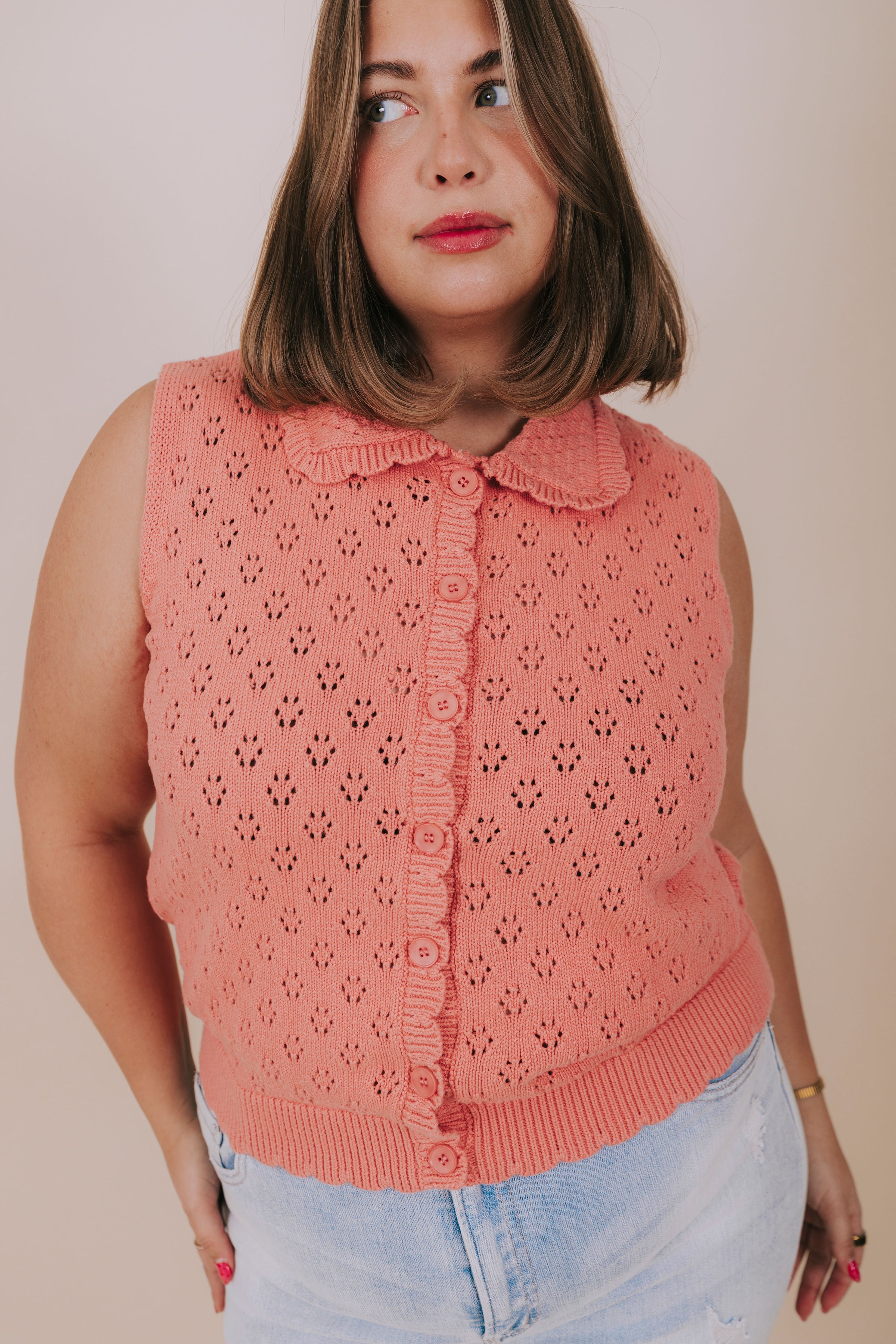 plus size rose pointelle scallop sleeveless top detail