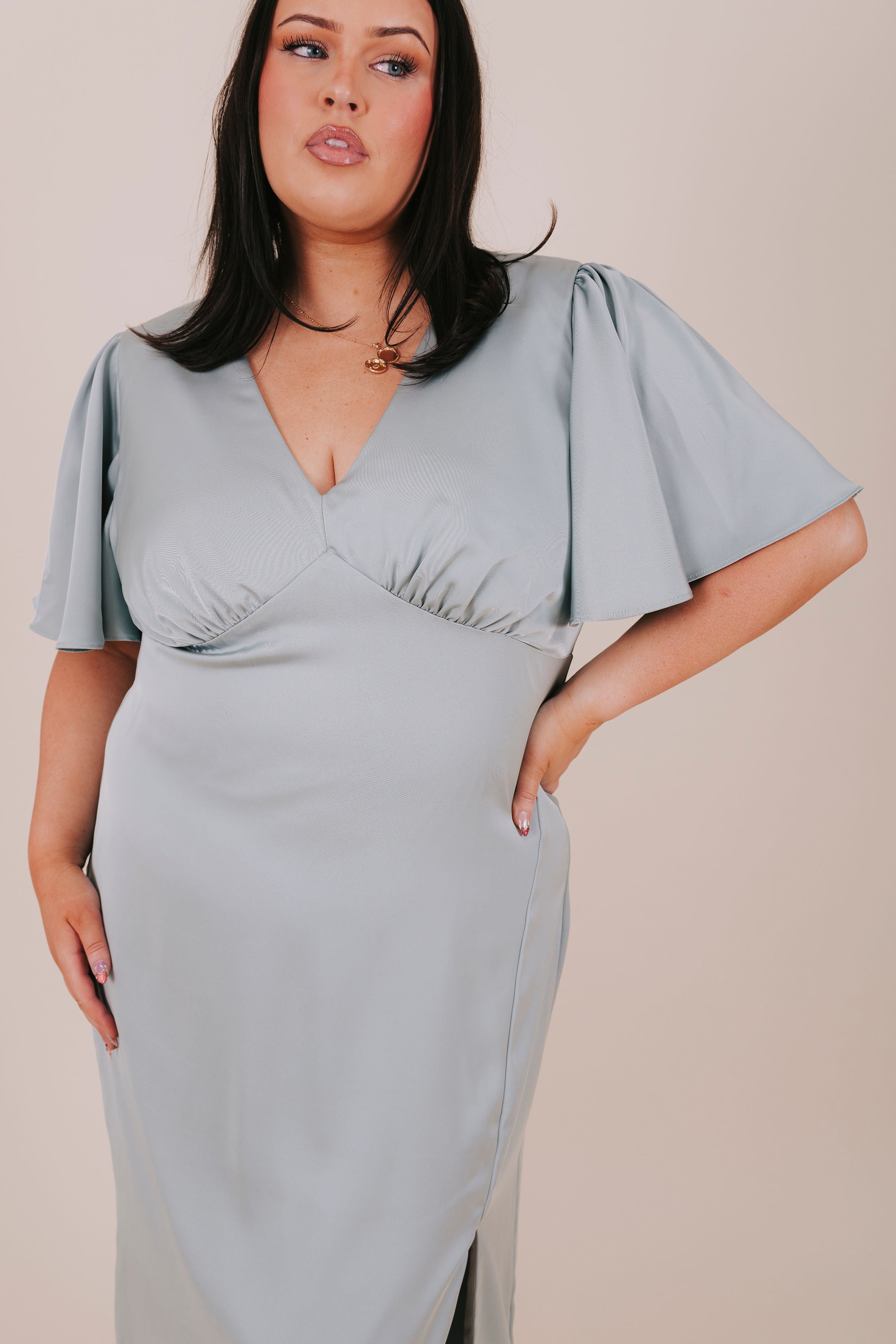 flutter sleeve satin midi dress EXCLUSIVE