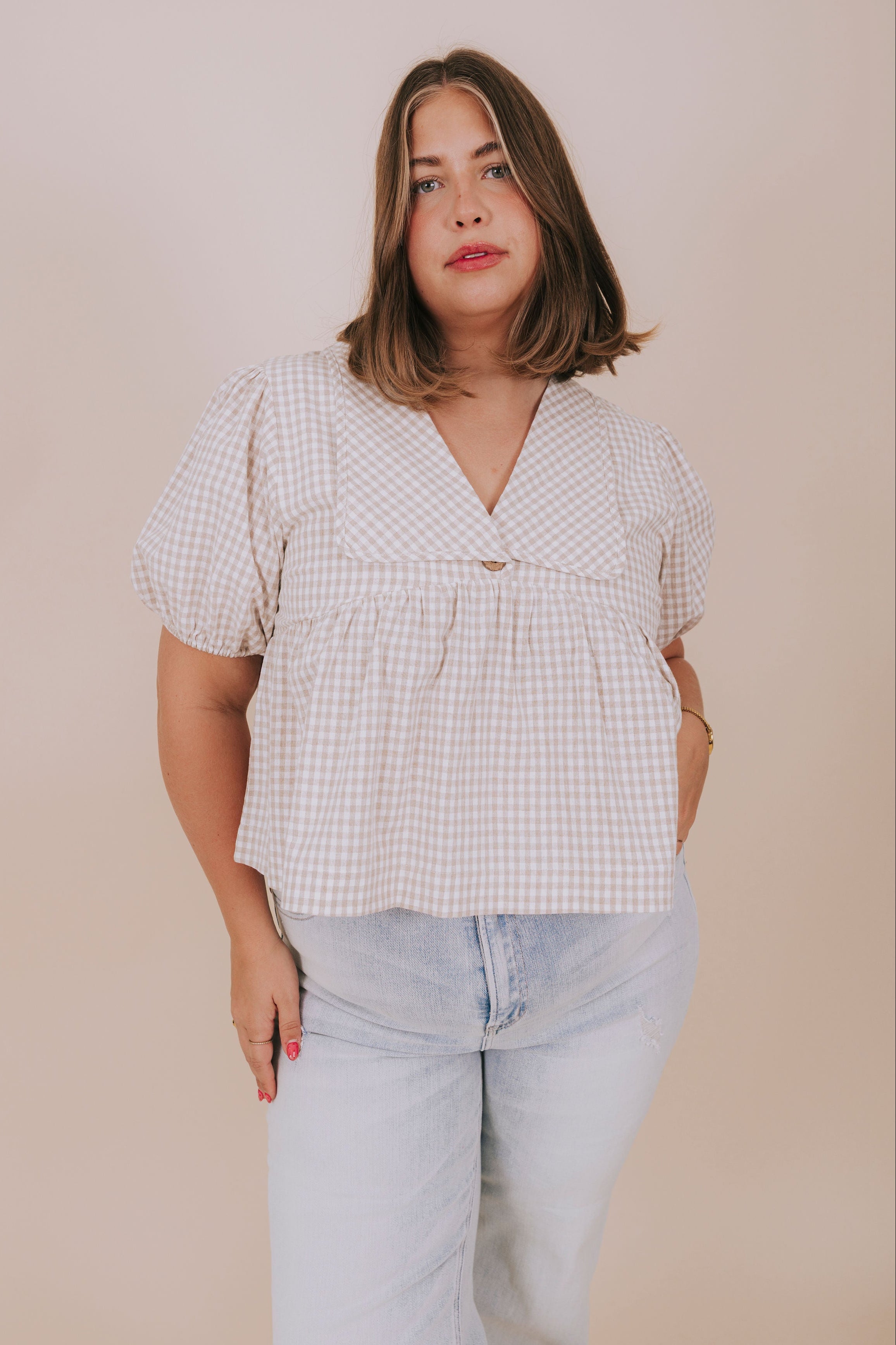 plus size taupe gingham collared top front