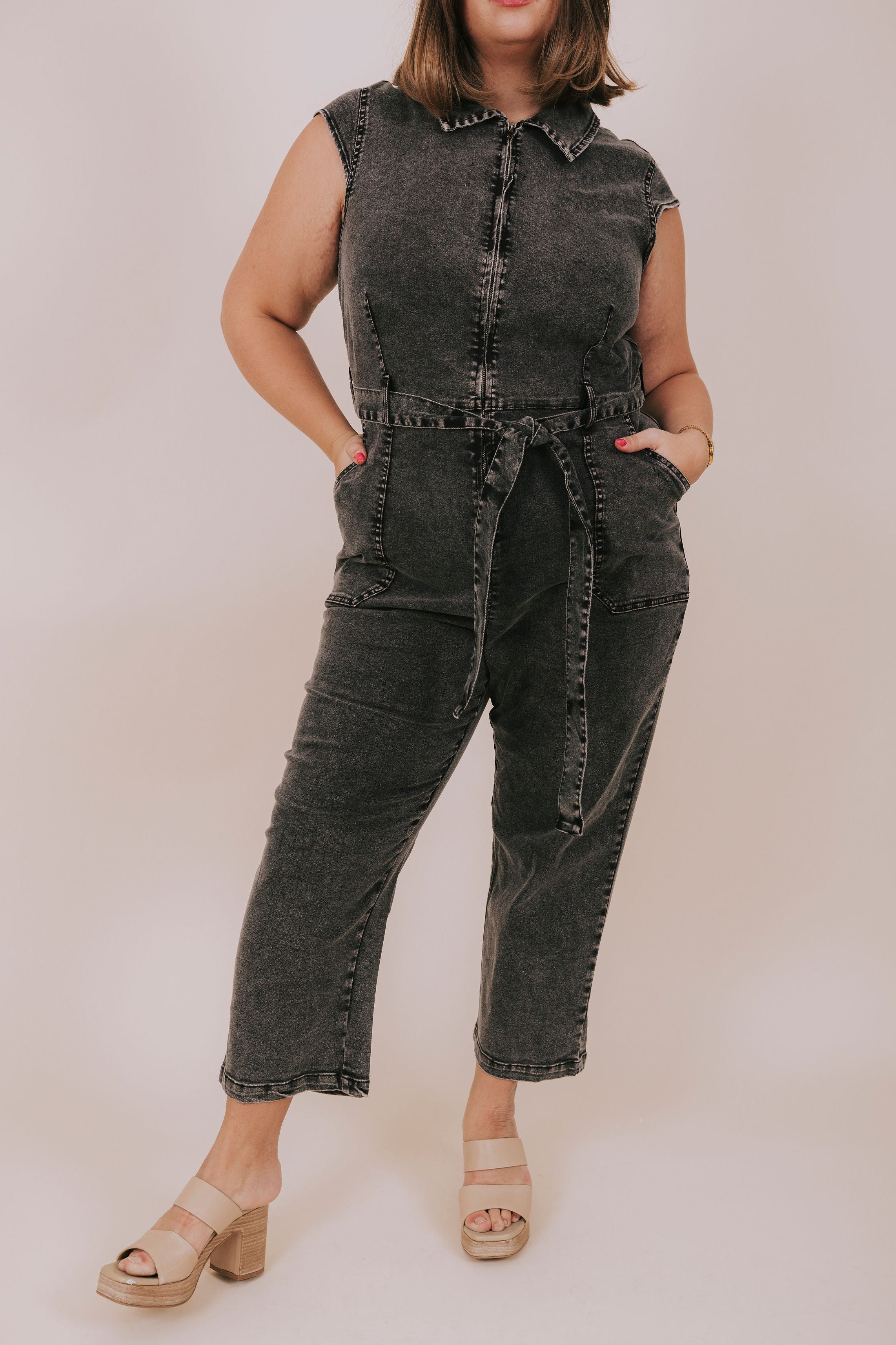 plus size washed black denim jumpsuit front