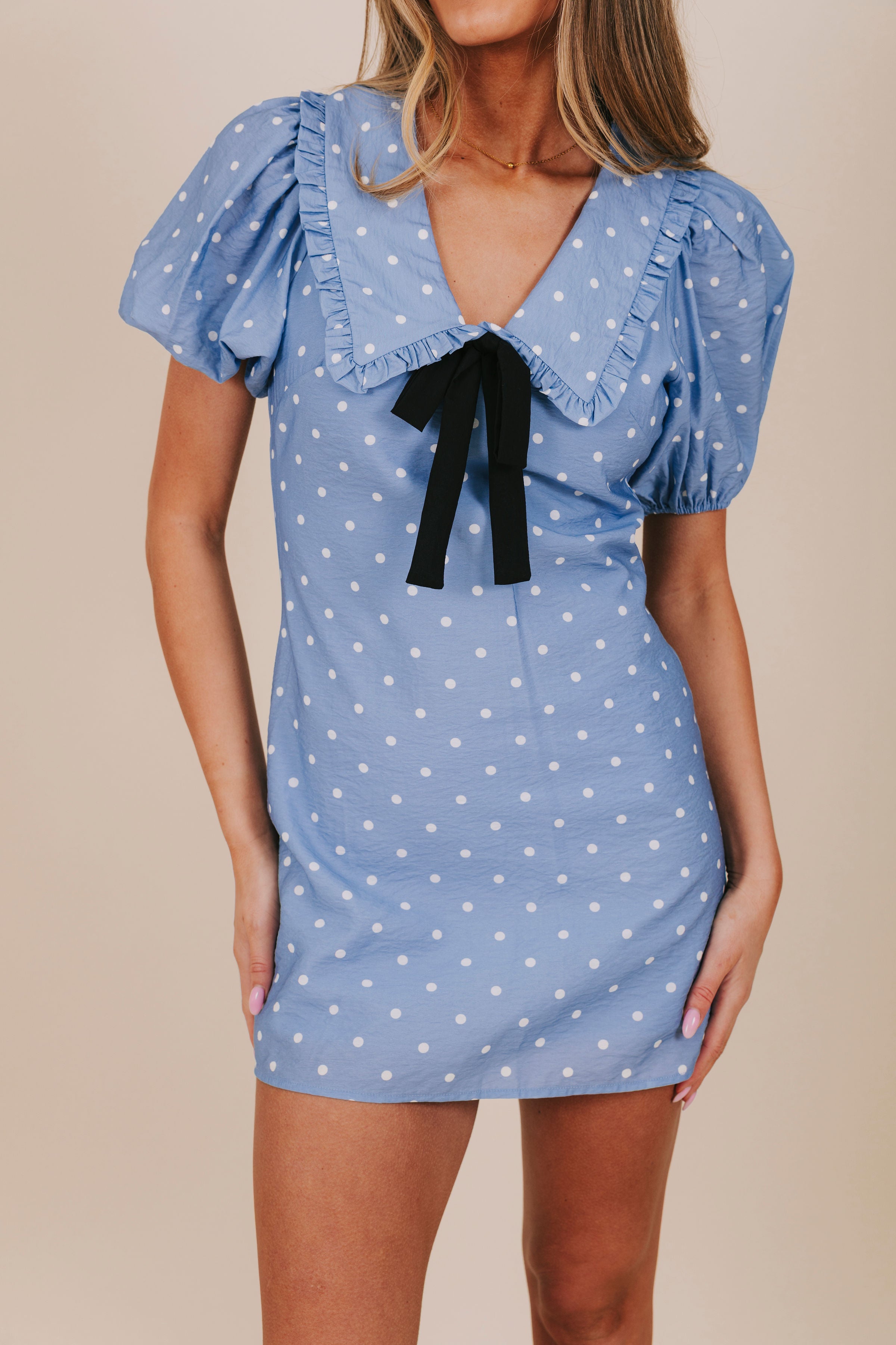 blue polka dot dress with white collar Navy Blue Polka Dot Sailor Collar Dress, Retro Stretch Viscose Knee Length  Summer Dress