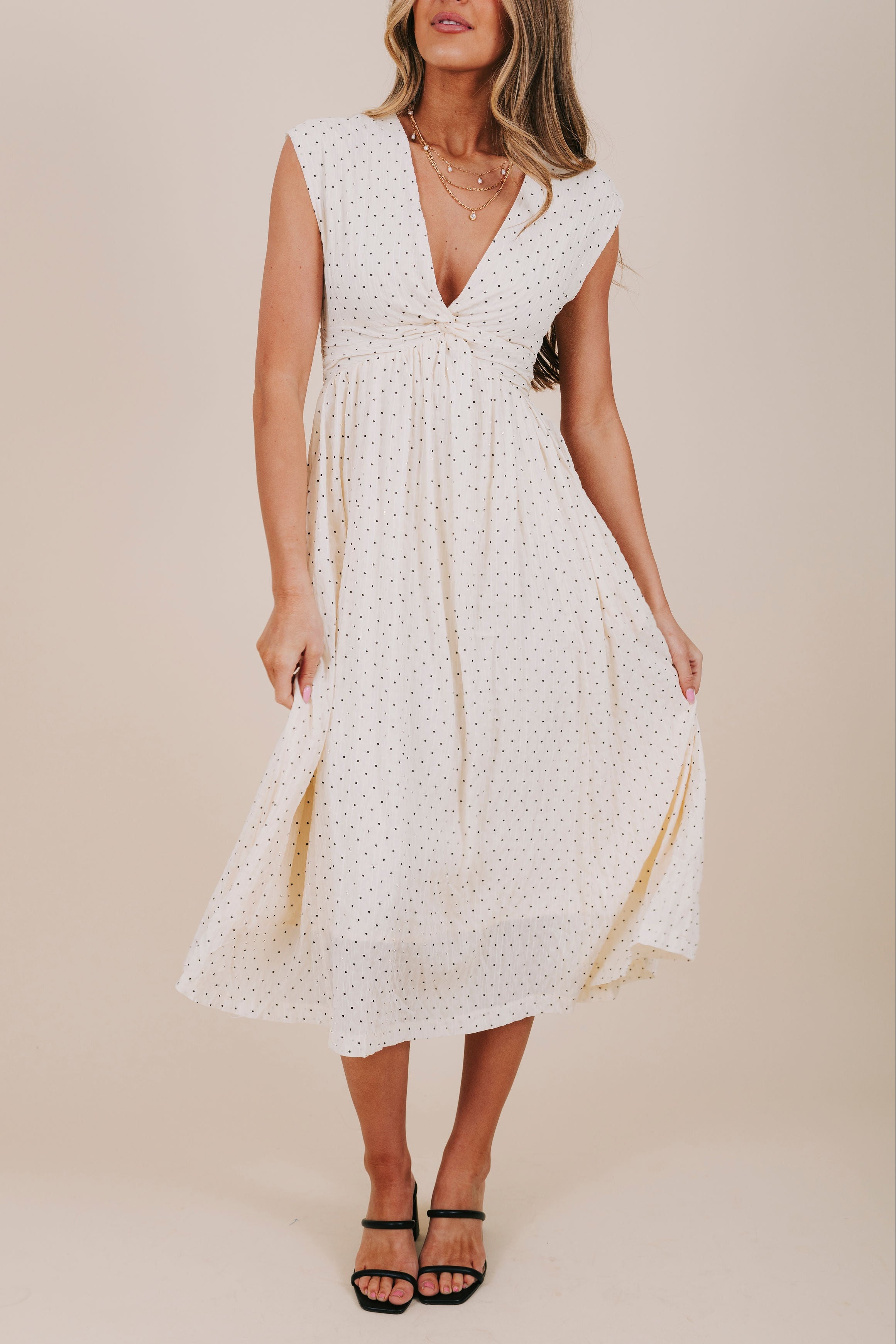 polka dot gathered midi dress front