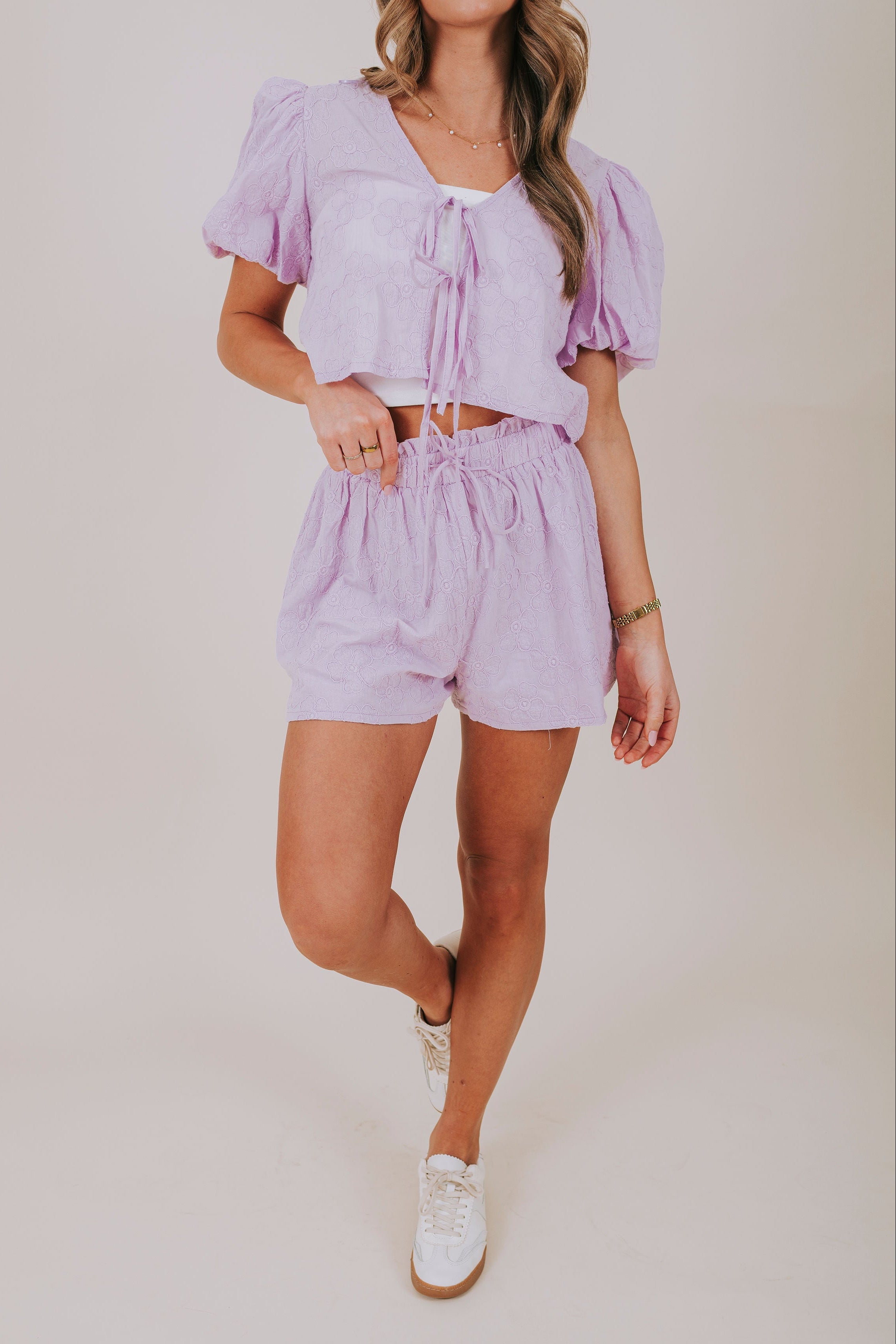 purple floral embroidered short set front