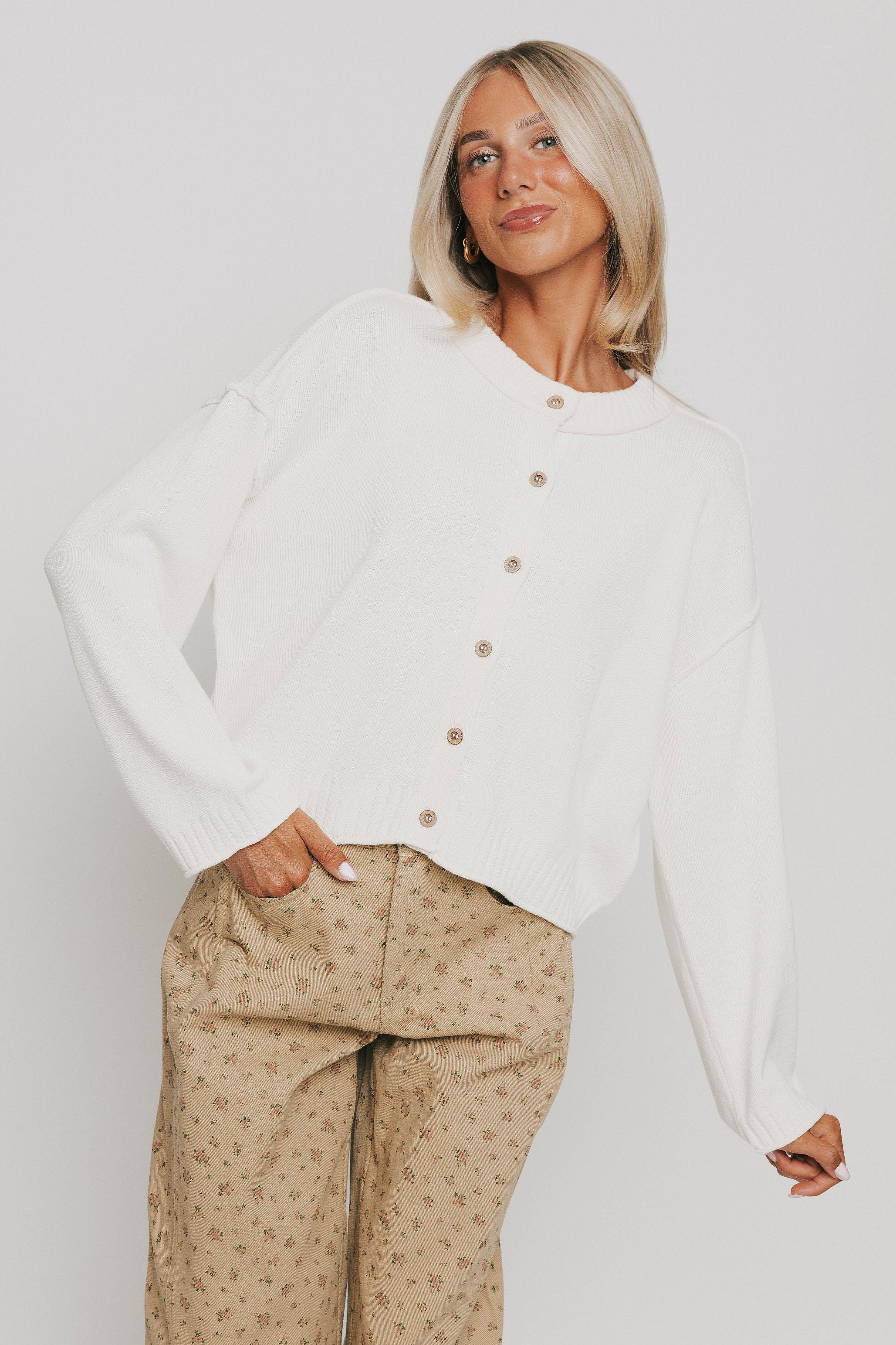 raw seam button down cardigan white