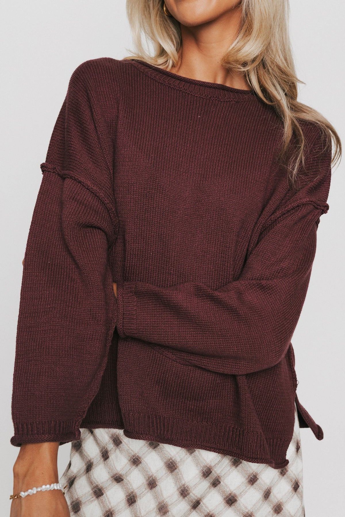 raw seam oversized sweater plum front
